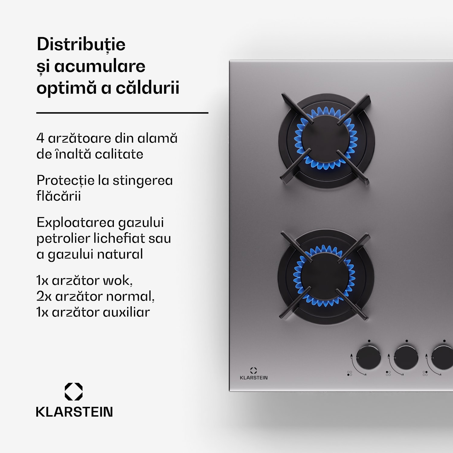 Goldflame 4, plită cu gaz, 4 arzătoare, autonomă, gaz natural/propane, oțel inoxidabil 