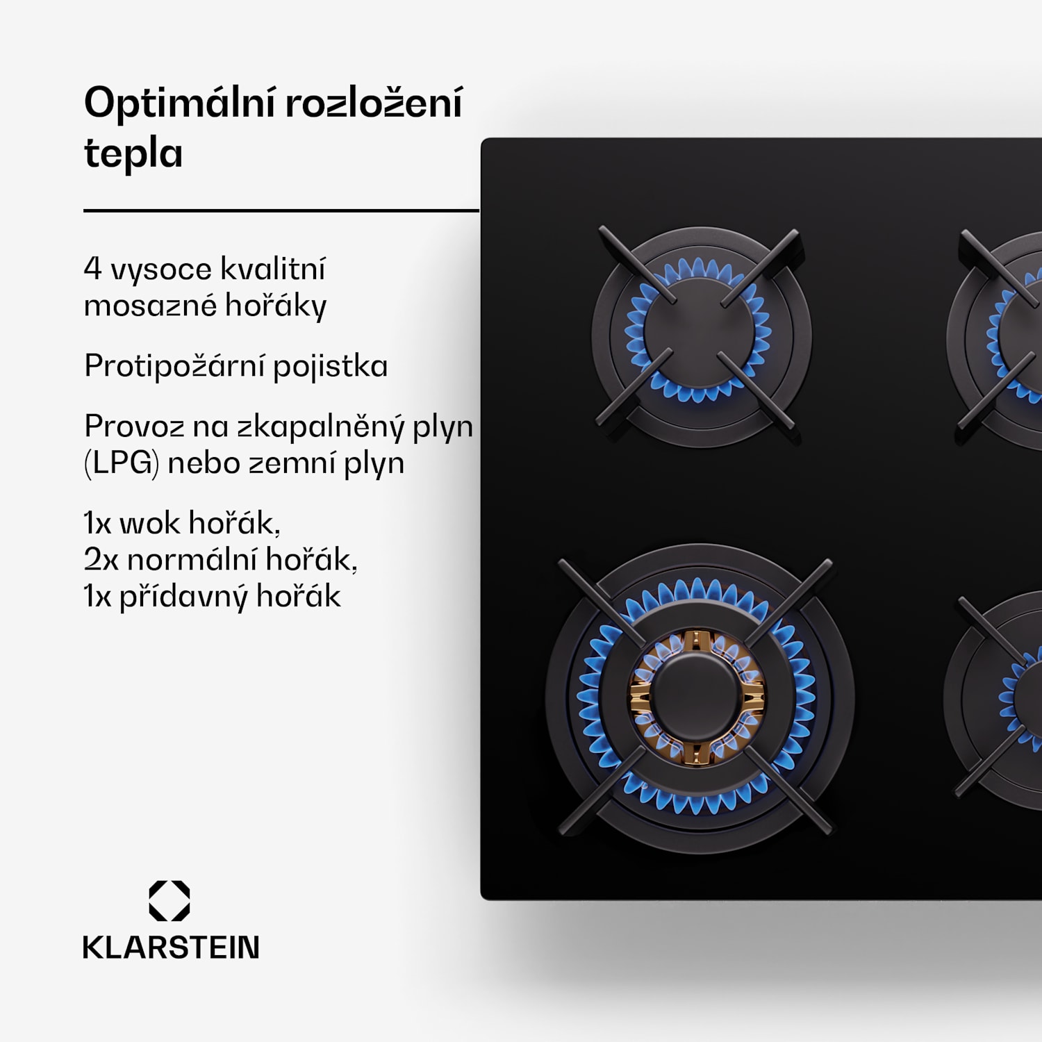 Goldflame 4, plynová varná deska, 4 hořáky 60 cm s ovládáním z boku | 4 hořáky | Černá