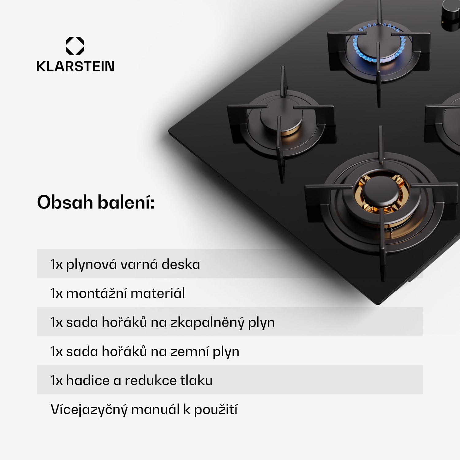 Goldflame 4, plynová varná deska, 4 hořáky 60 cm s ovládáním z boku | 4 hořáky | Černá