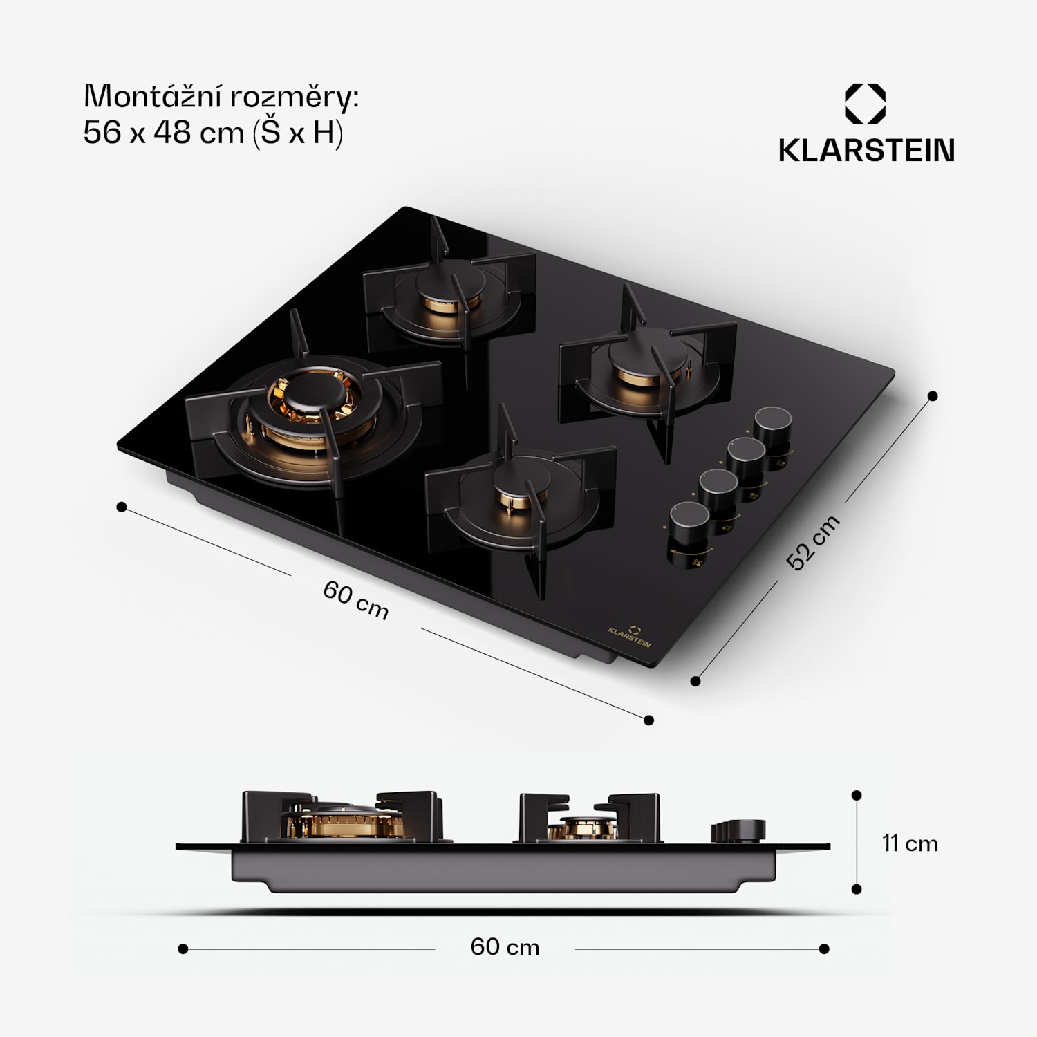 Goldflame 4, plynová varná deska, 4 hořáky 60 cm s ovládáním z boku | 4 hořáky | Černá