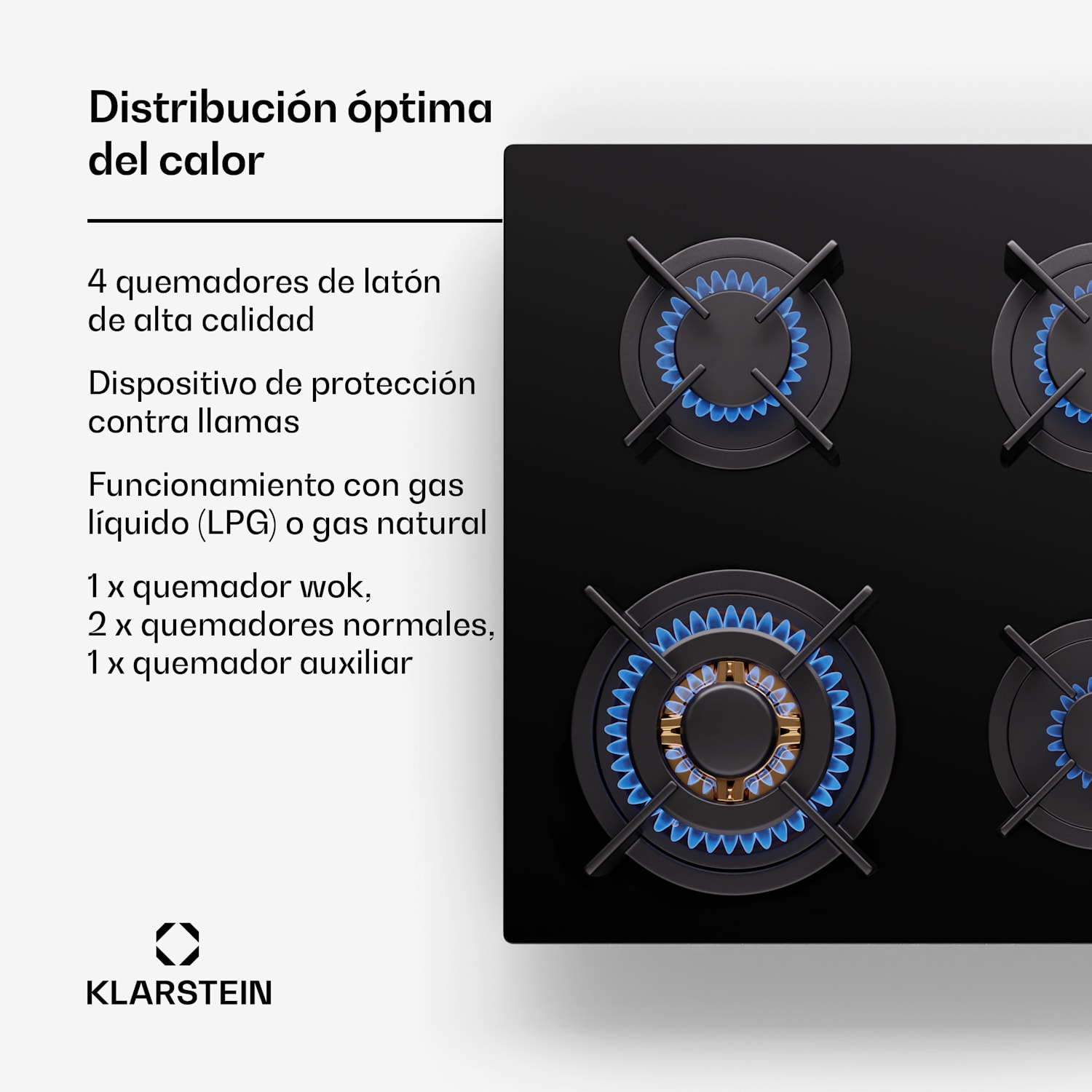  Placa de gas Klarstein Goldflame 4 quemadores autosuficiente gas natural/gas propano acero inoxidable 60 cm con control lateral | 4 fogones | Negro
