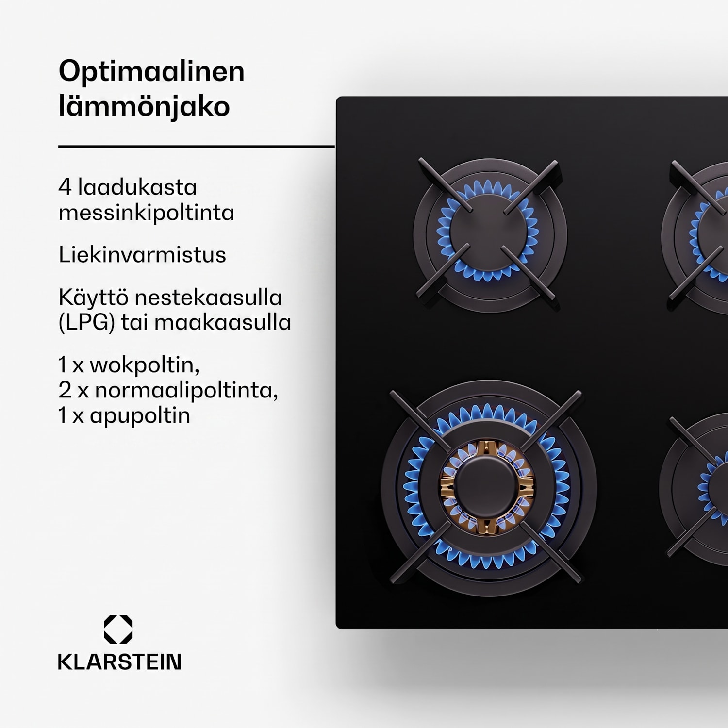 Klarstein Goldflame 4 kaasuliesitaso 4-liekkinen omavarainen maa/propaanikaasu ruostumaton teräs 60 cm sivusäätimillä | 4 poltinta | Musta