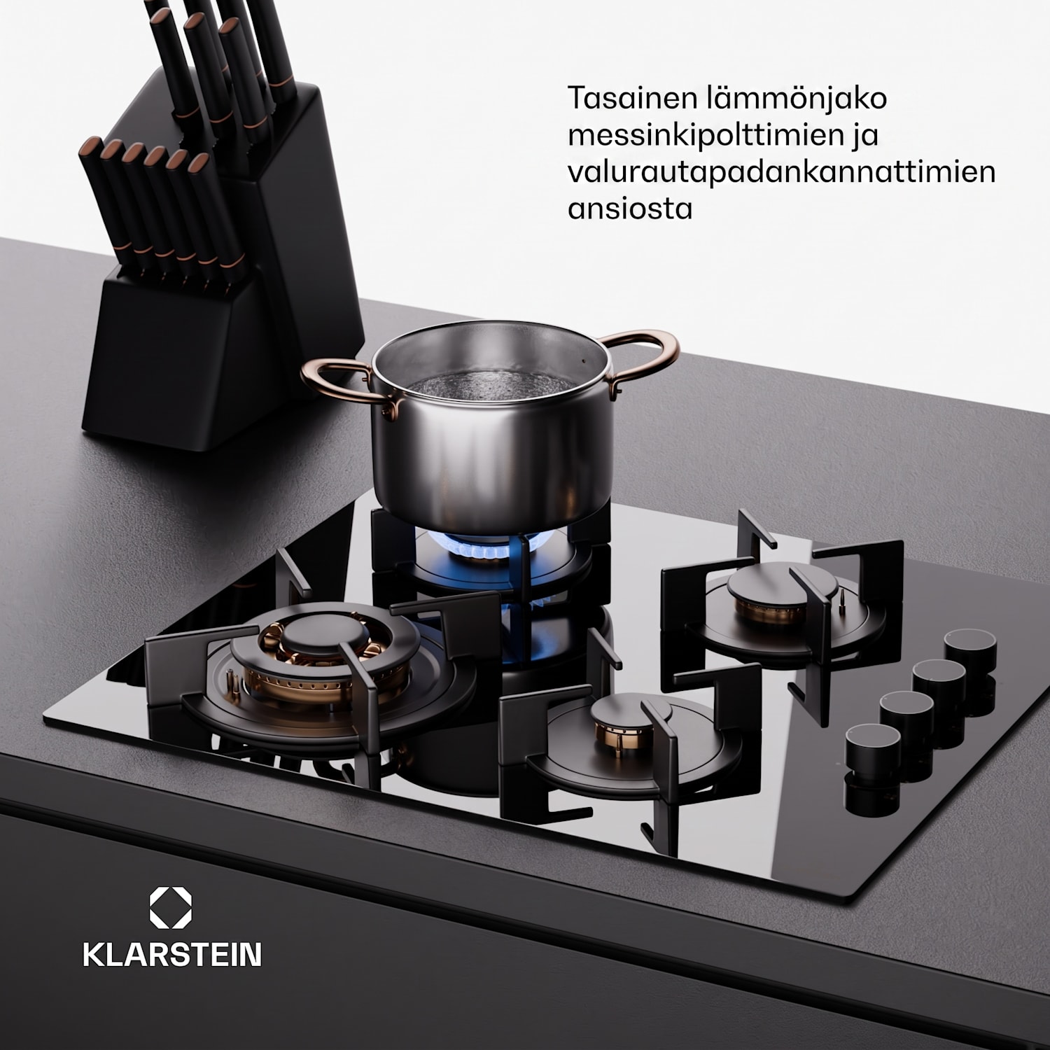 Klarstein Goldflame 4 kaasuliesitaso 4-liekkinen omavarainen maa/propaanikaasu ruostumaton teräs 60 cm sivusäätimillä | 4 poltinta | Musta
