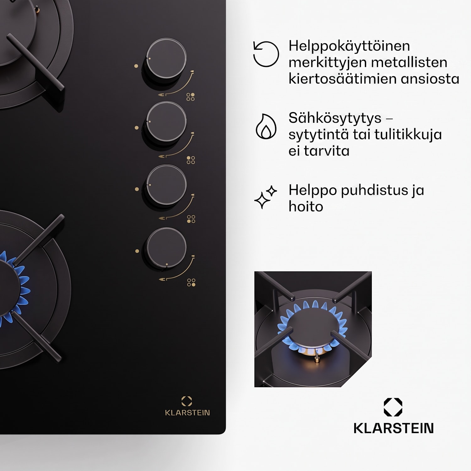 Klarstein Goldflame 4 kaasuliesitaso 4-liekkinen omavarainen maa/propaanikaasu ruostumaton teräs 60 cm sivusäätimillä | 4 poltinta | Musta