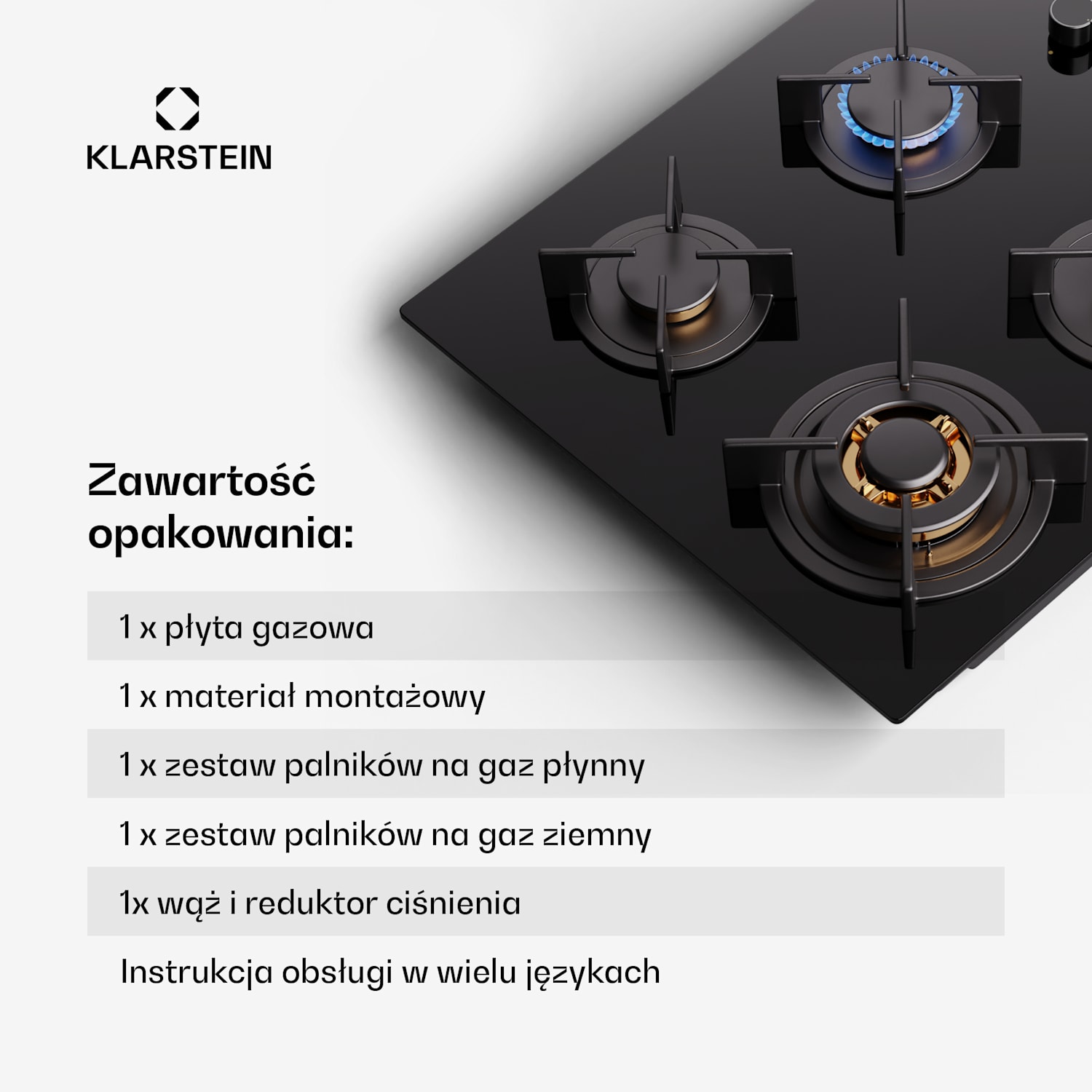 Goldflame 4, płyta gazowa, 4-palnikowa 60 cm ze sterowaniem z boku | 4 palniki | Czarny