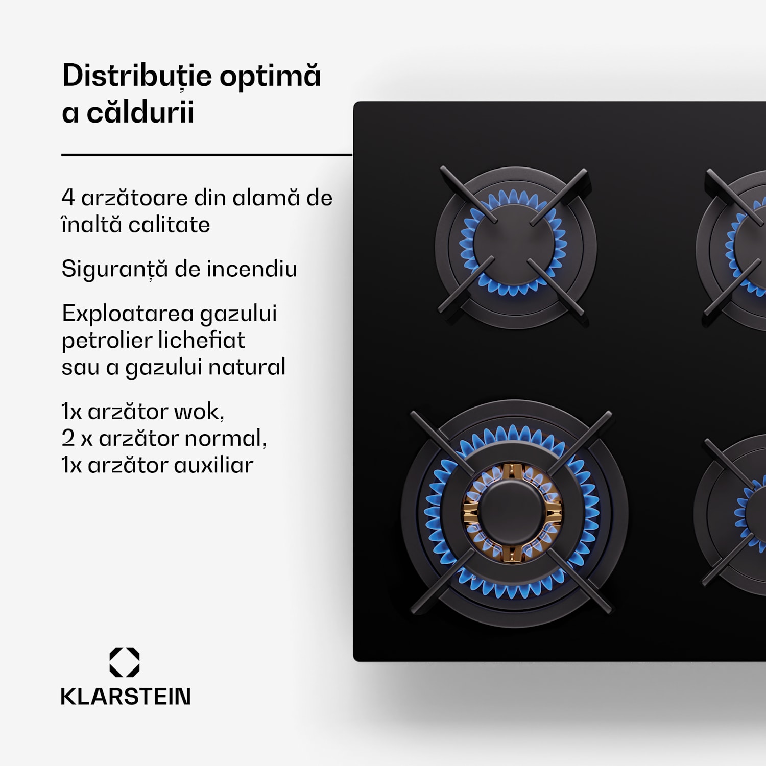 Firetale, plită cu gaz, 4 arzătoare 60 cm cu control lateral | 4 arzatoare | Negru