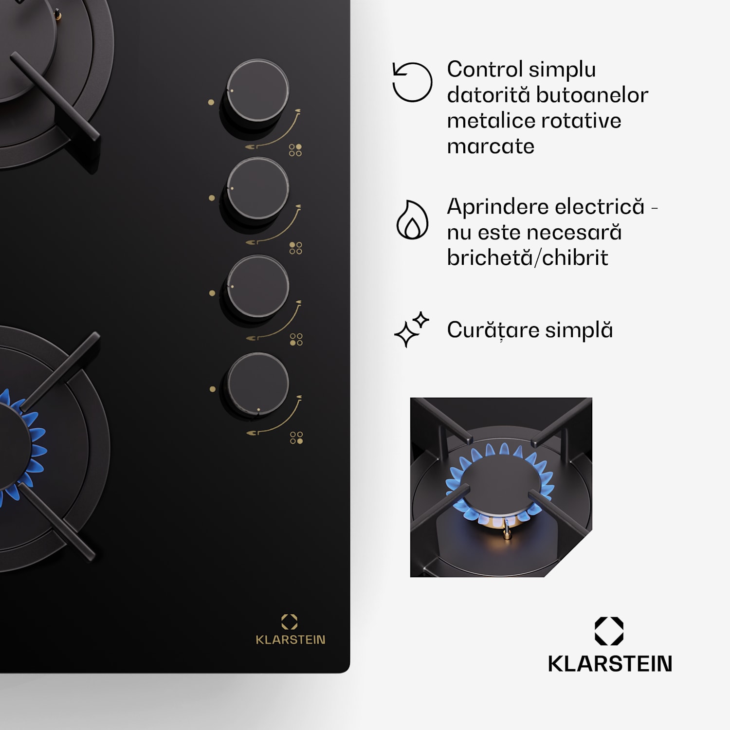 Firetale, plită cu gaz, 4 arzătoare 60 cm cu control lateral | 4 arzatoare | Negru