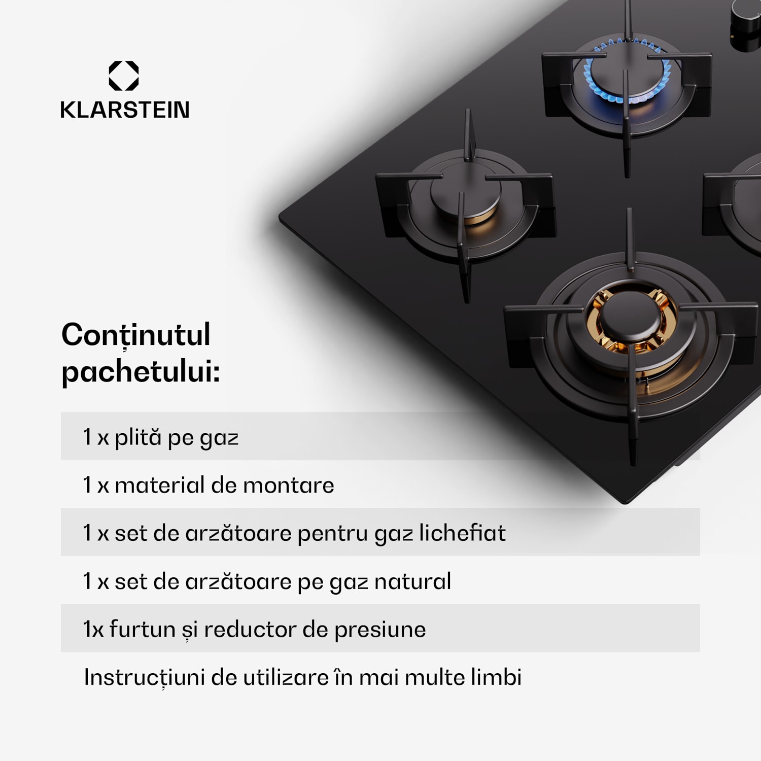 Firetale, plită cu gaz, 4 arzătoare 60 cm cu control lateral | 4 arzatoare | Negru