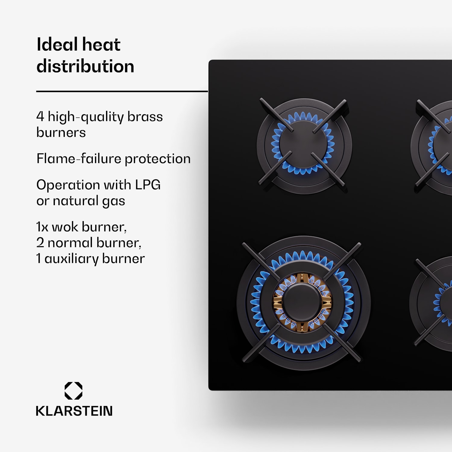  Klarstein Goldflame 4 gaskookplaat 4-pits onafhankelijk aardgas/propaangas rvs 60 cm met zijbediening | 4 branders | Zwart