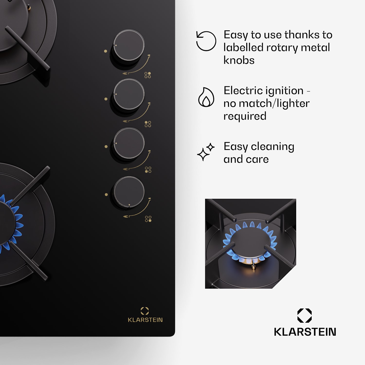  Klarstein Goldflame 4 gaskookplaat 4-pits onafhankelijk aardgas/propaangas rvs 60 cm met zijbediening | 4 branders | Zwart