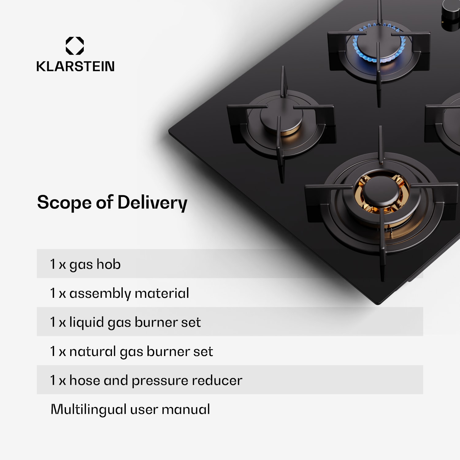  Klarstein Goldflame 4 gaskookplaat 4-pits onafhankelijk aardgas/propaangas rvs 60 cm met zijbediening | 4 branders | Zwart