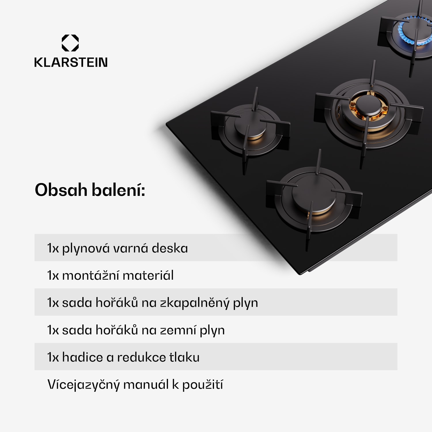 Goldflame 5, plynová varná deska, samostatná, 5 hořáků, boční ovládání, plyn/propan, sklokeramická, černá 90 cm | 5 hořáků | Černá