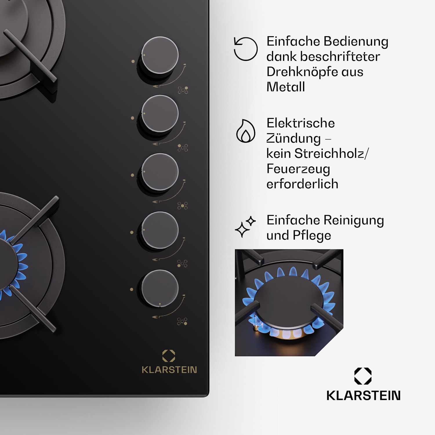 Goldflame 5 Gaskochfeld 5-flammig autark Side-Control Erdgas/Propangas Glaskeramik schwarz 90 cm | 5 Brenner | Schwarz