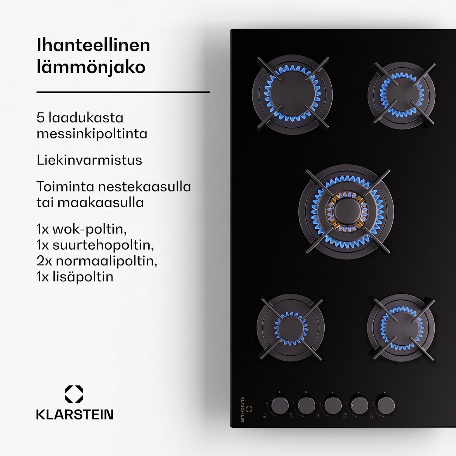 Klarstein Goldflame 5 kaasuliesitaso 5-liekkinen side-control 90 cm | 5 poltinta | Musta