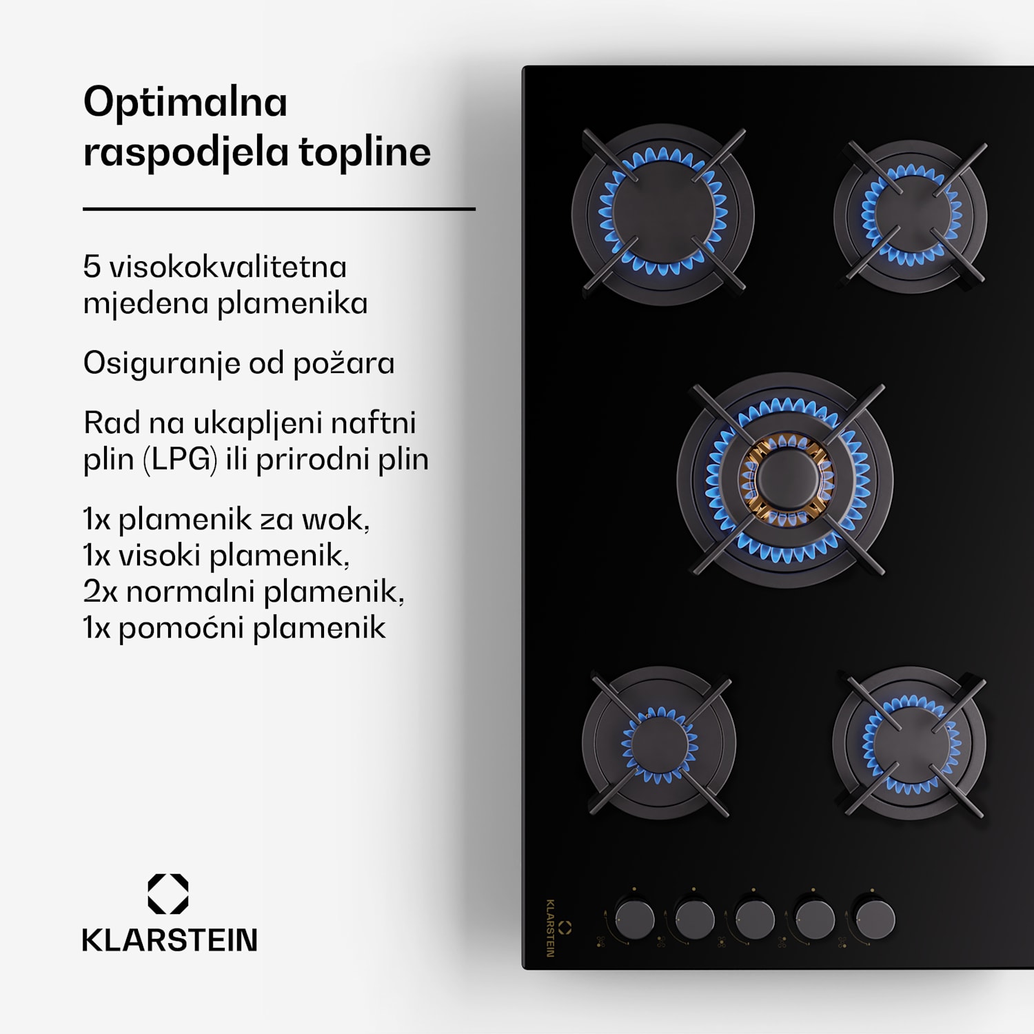 Goldflame 5, plinska ploča za kuhanje, samostalna, 5 plamenika, bočna kontrola, plin/propan, staklokeramika, crna 90 cm | 5 plamenika | Crna
