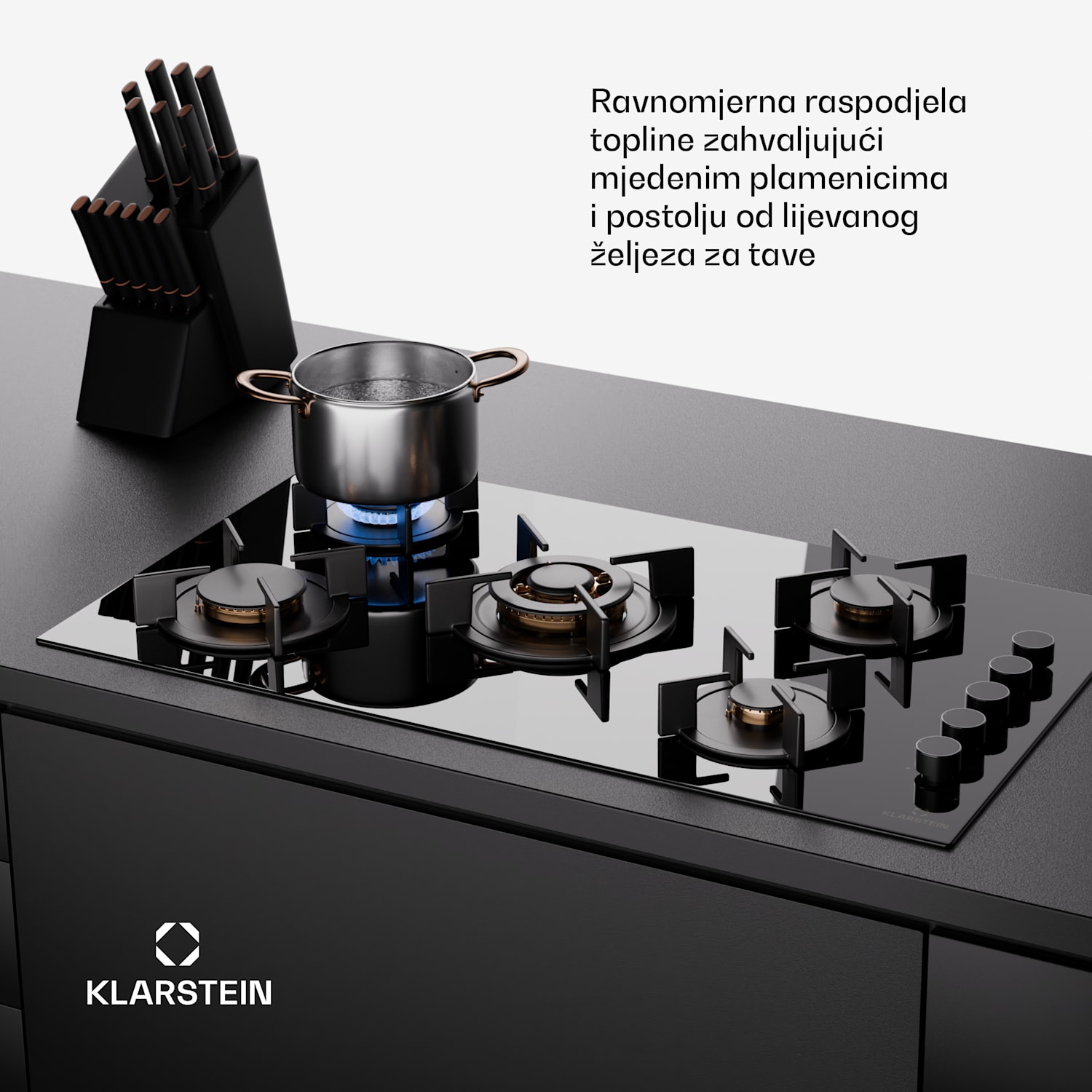 Goldflame 5, plinska ploča za kuhanje, samostalna, 5 plamenika, bočna kontrola, plin/propan, staklokeramika, crna 90 cm | 5 plamenika | Crna