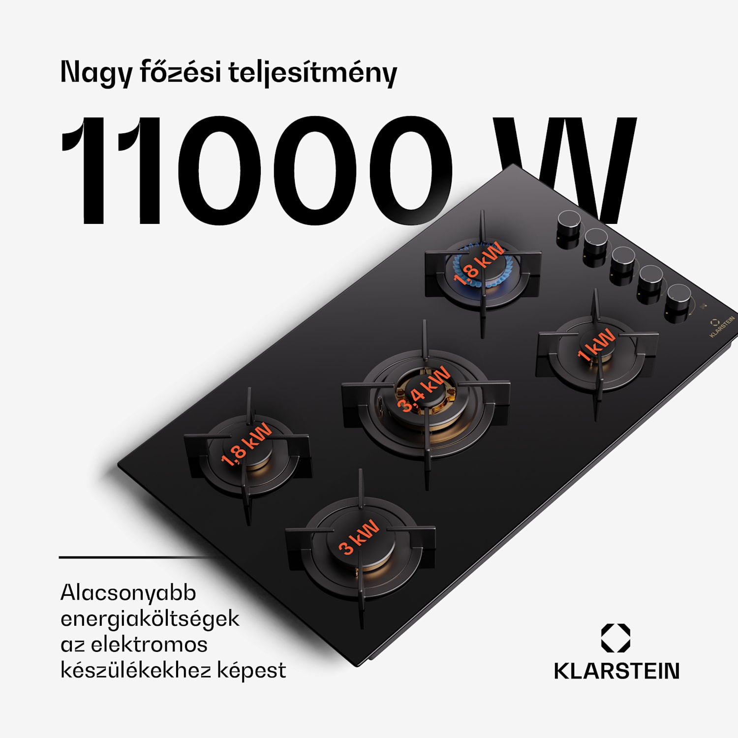 Goldflame 5, gáz főzőlap, önálló, 5 égő, oldalsó vezérlés, gáz/propán, üvegkerámia, fekete 90 cm | 5 égő | Fekete