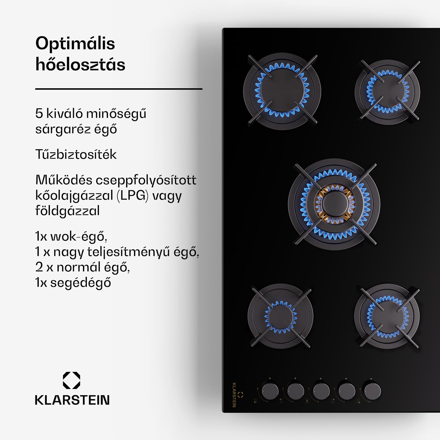Goldflame 5, gáz főzőlap, önálló, 5 égő, oldalsó vezérlés, gáz/propán, üvegkerámia, fekete 90 cm | 5 égő | Fekete