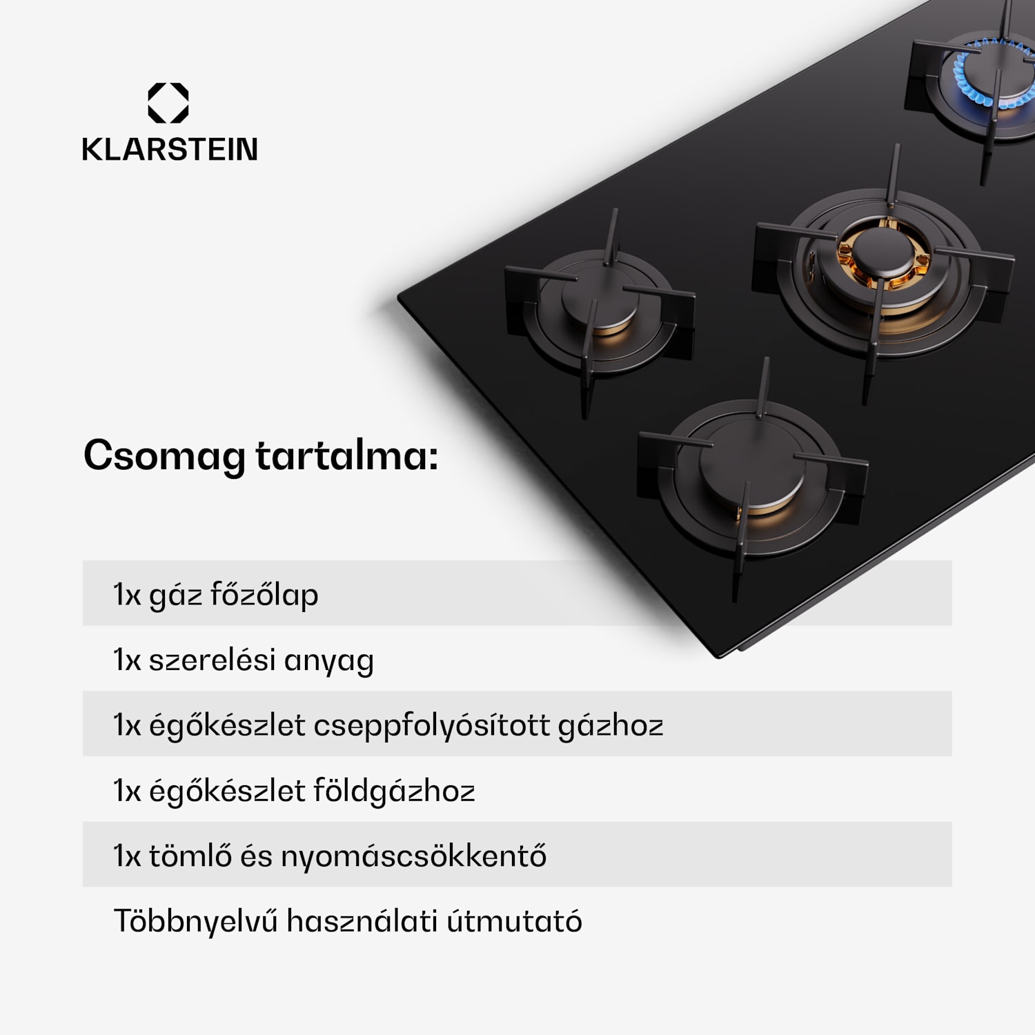 Goldflame 5, gáz főzőlap, önálló, 5 égő, oldalsó vezérlés, gáz/propán, üvegkerámia, fekete 90 cm | 5 égő | Fekete