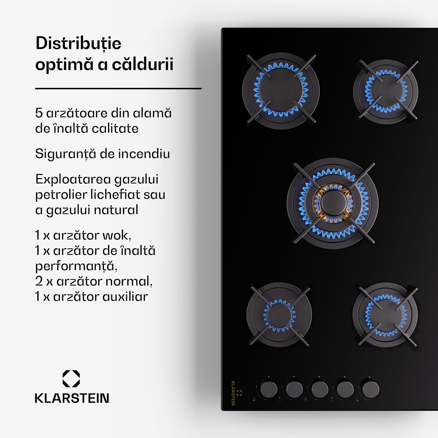 Goldflame 5, plită cu gaz, autonomă, 5 arzătoare, control lateral, gaz/propano, ceramică, negru 90 cm | 5 arzatoare | Negru