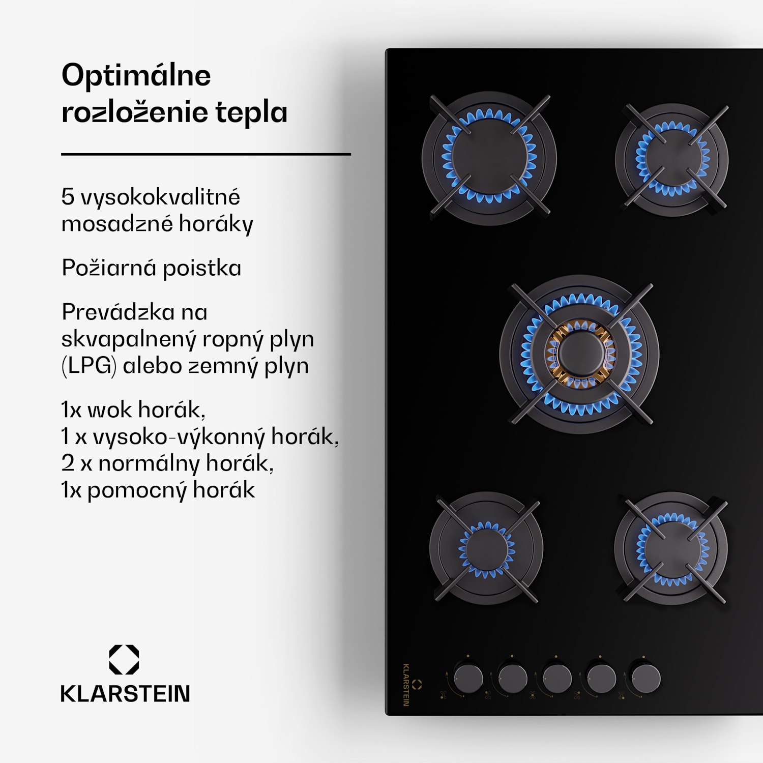 Goldflame 5, plynová varná doska, sebestačná, 5 horákov, bočné ovládanie, plyn/propán, sklokeramika, čierna 90 cm | 5 horákov | Čierna