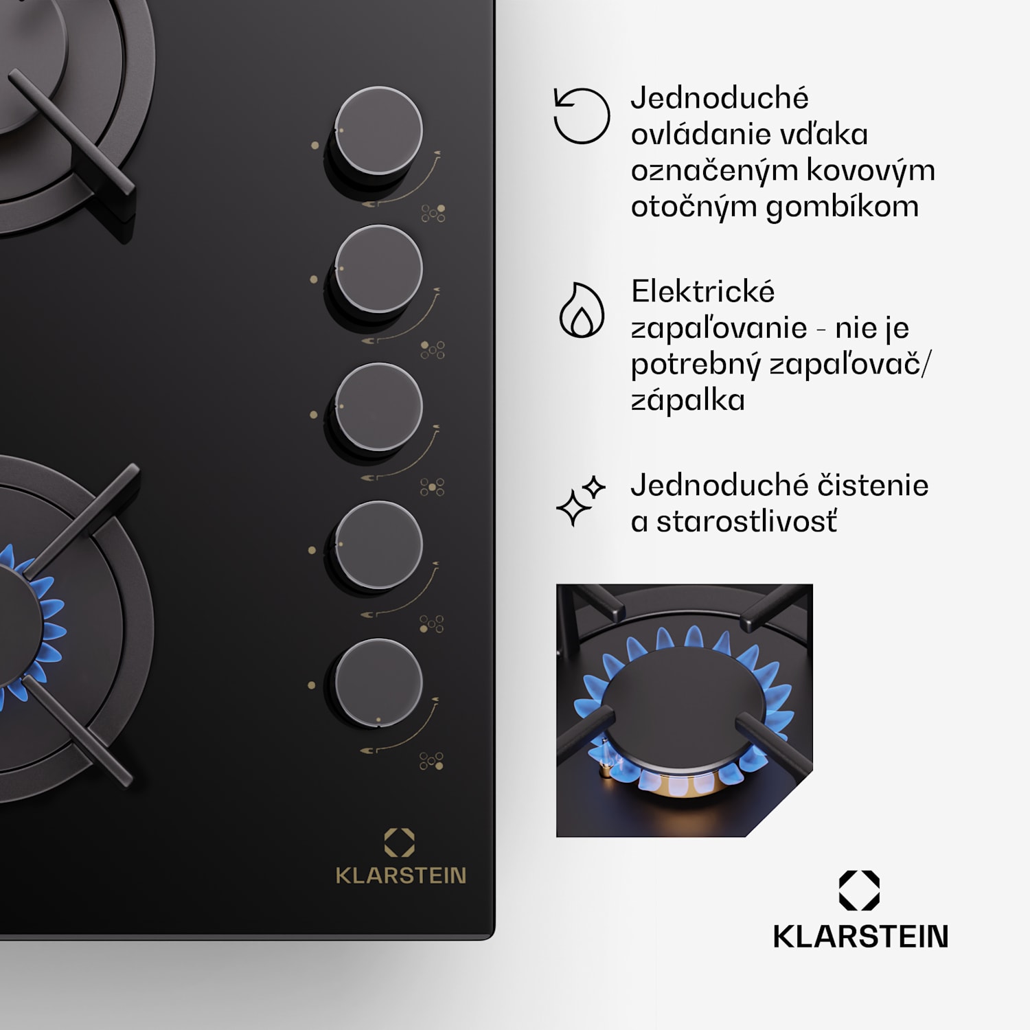 Goldflame 5, plynová varná doska, sebestačná, 5 horákov, bočné ovládanie, plyn/propán, sklokeramika, čierna 90 cm | 5 horákov | Čierna