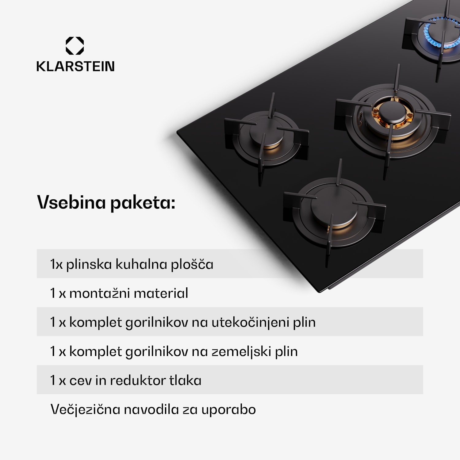 Goldflame 5, plinska kuhalna plošča, samostojna, 5 gorilnikov, stransko upravljanje, plin/propan, keramika, črna 90 cm | 5 gorilnikov | Črna