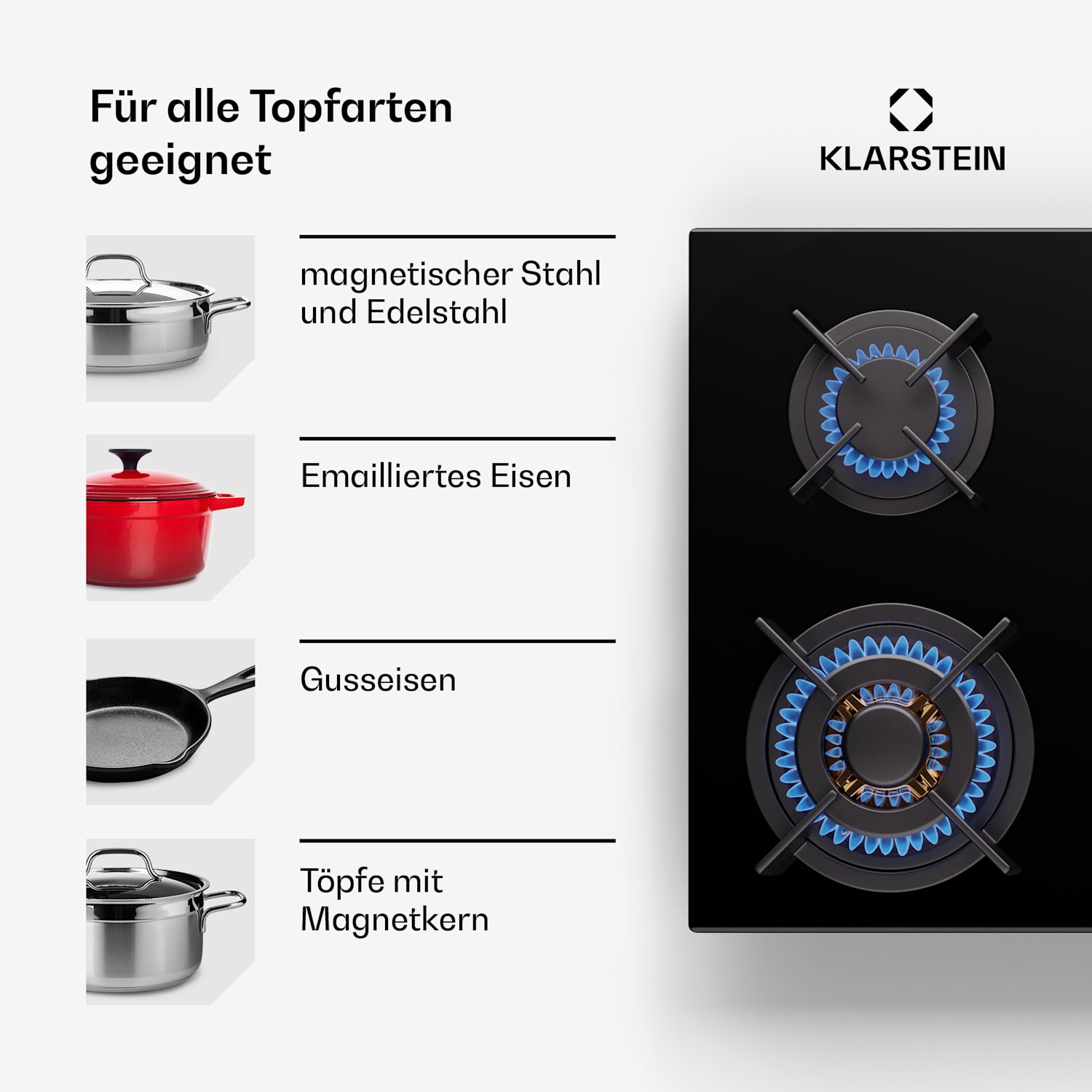  Klarstein Goldflame 6 - Piano cottura a gas, 6 fuochi, Side-Control 90 cm | 6 bruciatori | Nero