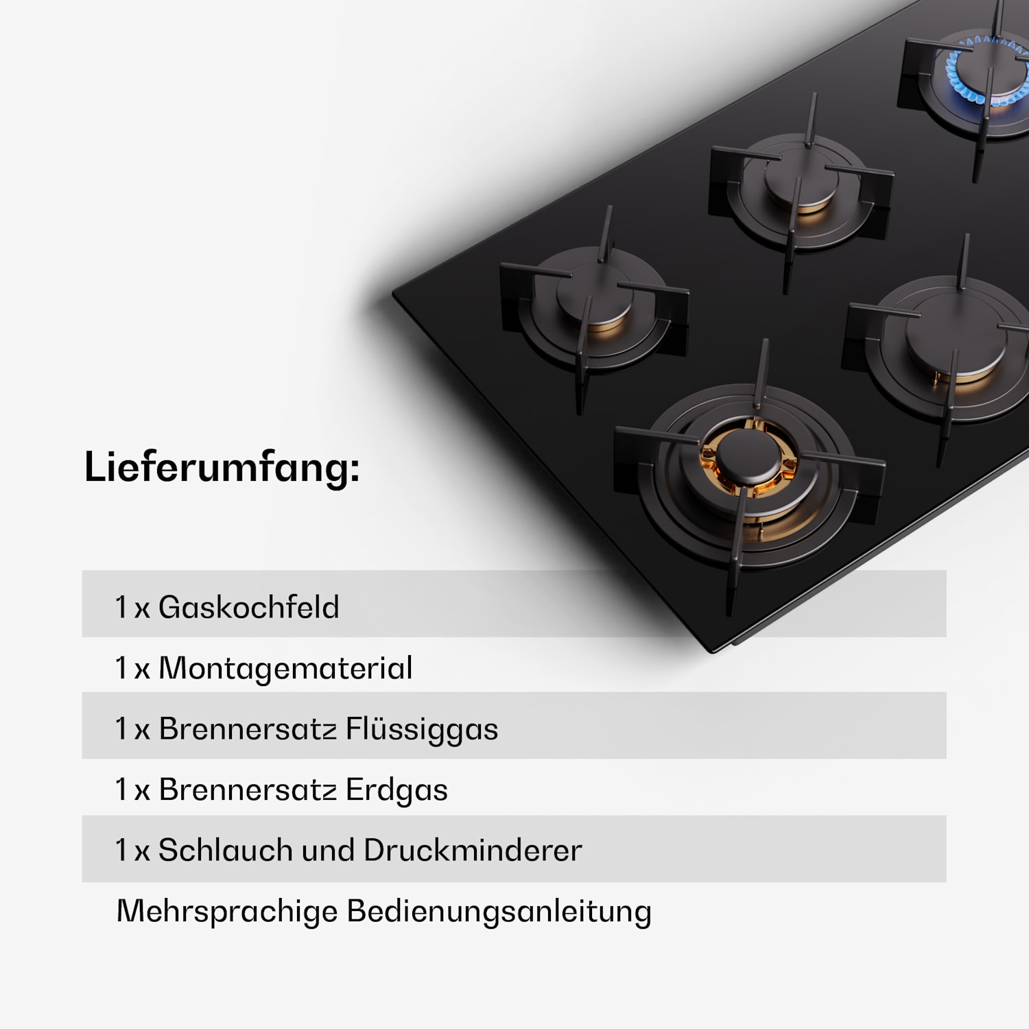  Klarstein Goldflame 6 - Piano cottura a gas, 6 fuochi, Side-Control 90 cm | 6 bruciatori | Nero