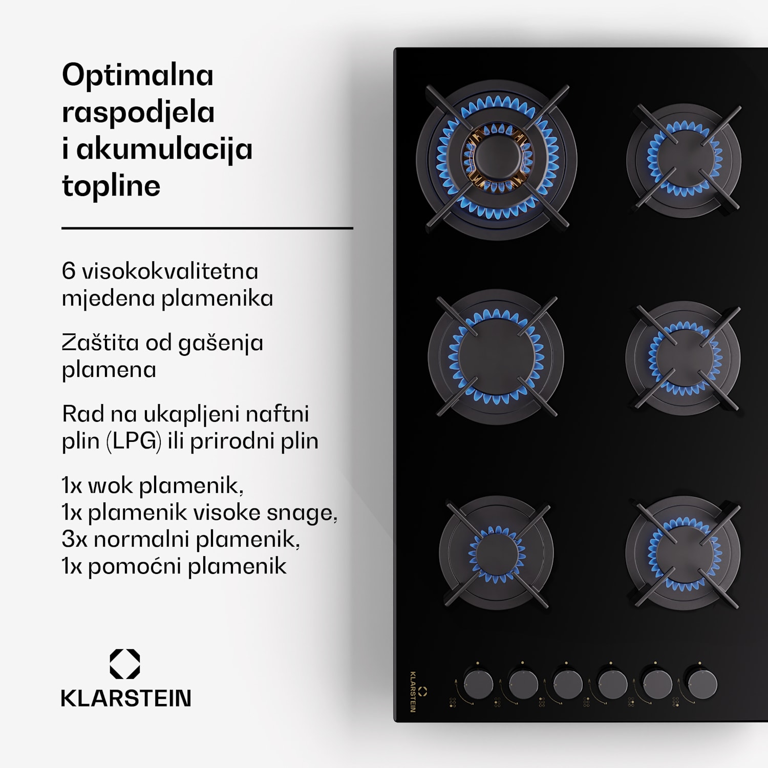 Goldflame 6, plinska ploča za kuhanje, samostalna, 6 plamenika, bočna kontrola, plin/propan, staklokeramika, crna 