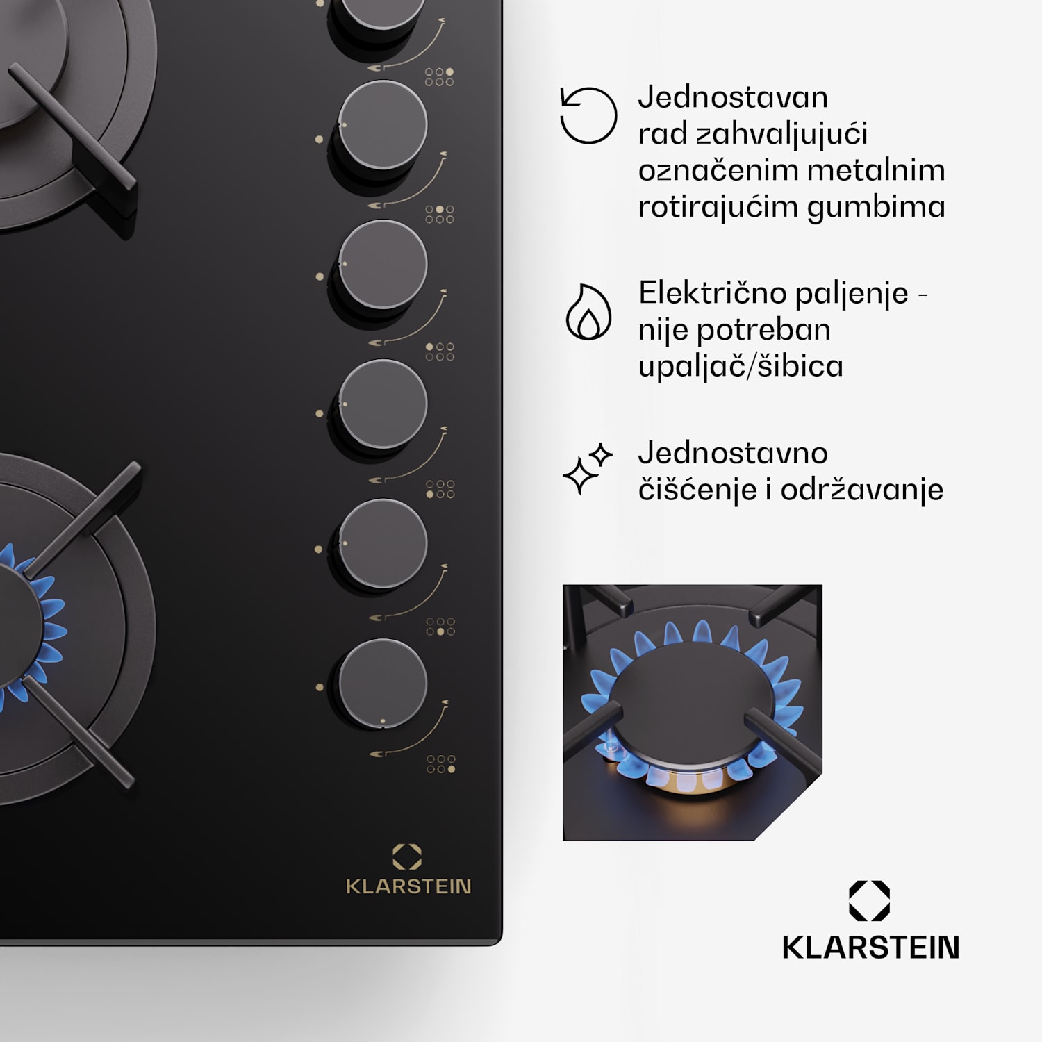 Goldflame 6, plinska ploča za kuhanje, samostalna, 6 plamenika, bočna kontrola, plin/propan, staklokeramika, crna 