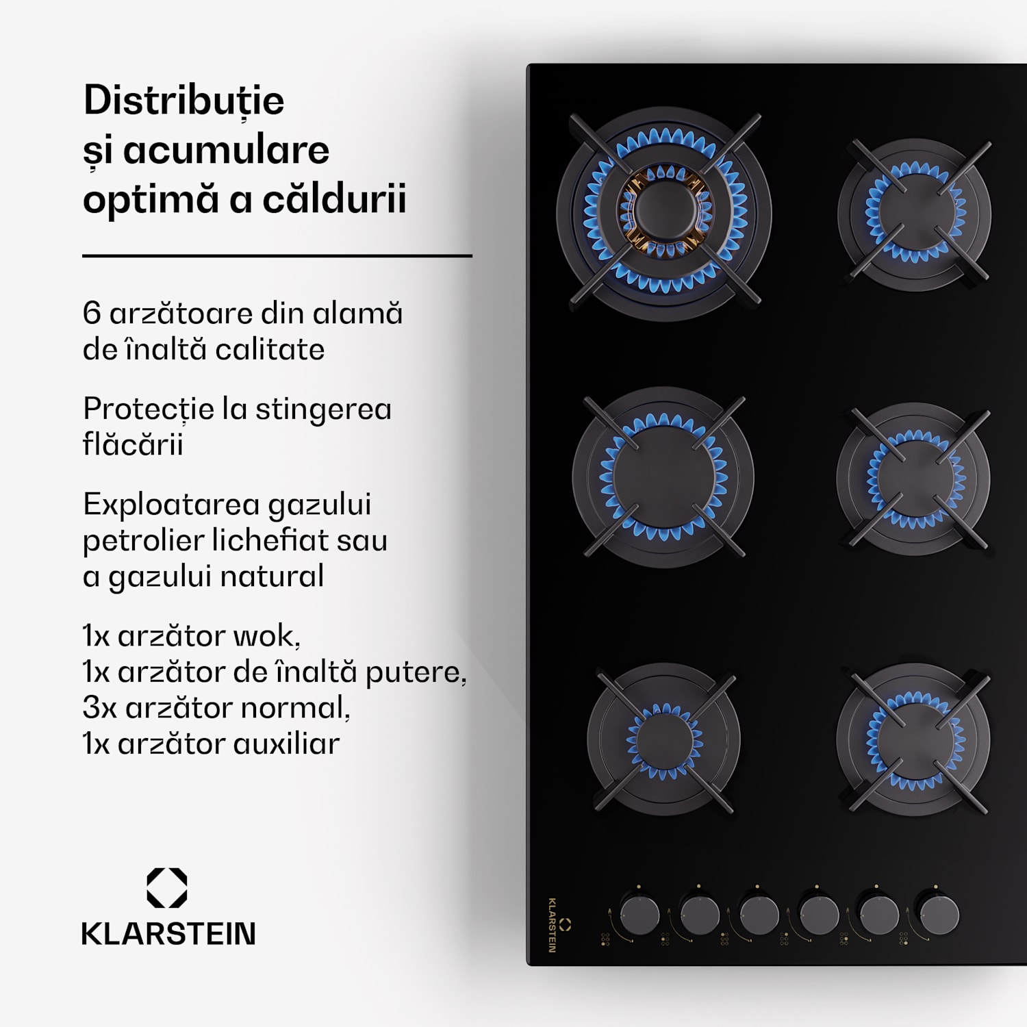 Goldflame 6, plită pe gaz, autonomă, 6 arzătoare, control lateral, gaz/propan, sticlă ceramică, negru 90 cm | 6 arzător | Negru