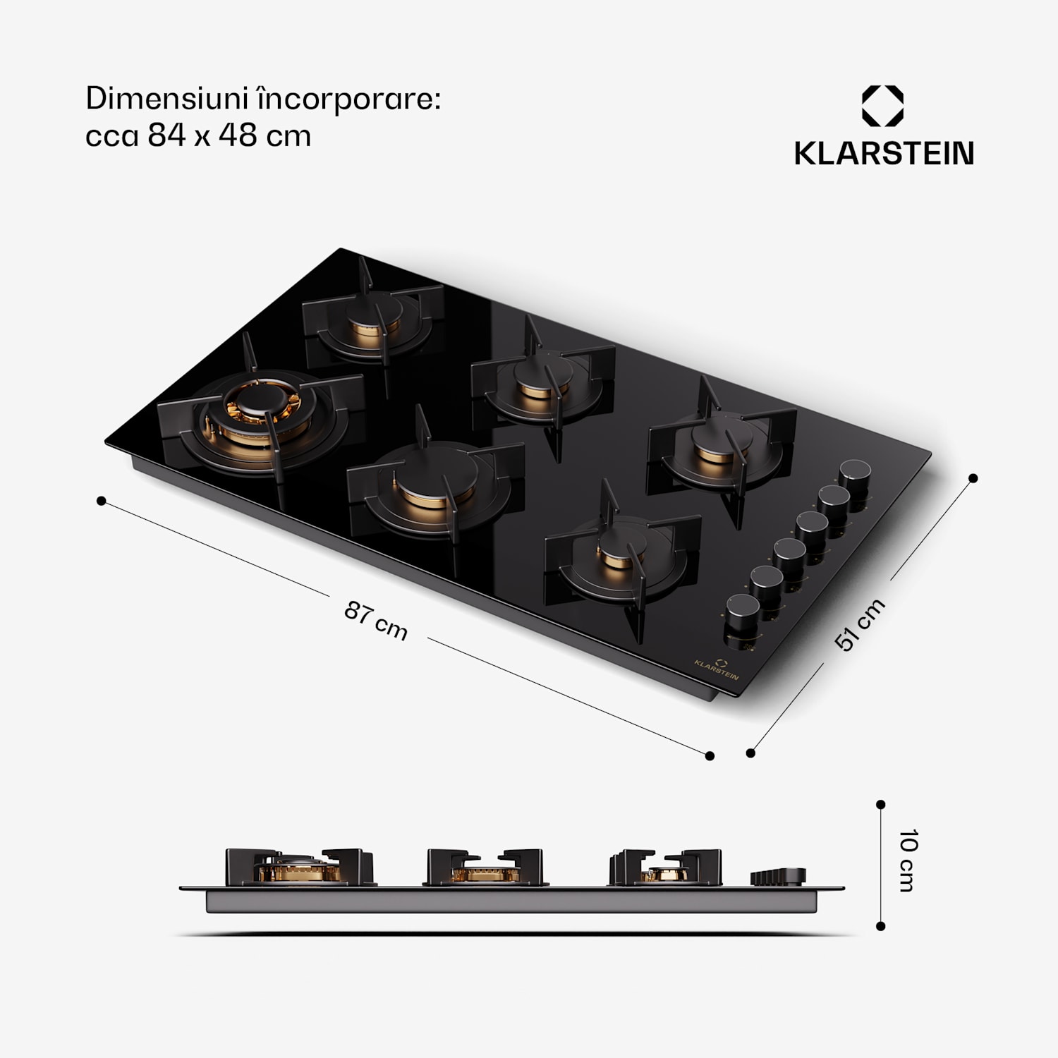 Goldflame 6, plită pe gaz, autonomă, 6 arzătoare, control lateral, gaz/propan, sticlă ceramică, negru 90 cm | 6 arzător | Negru
