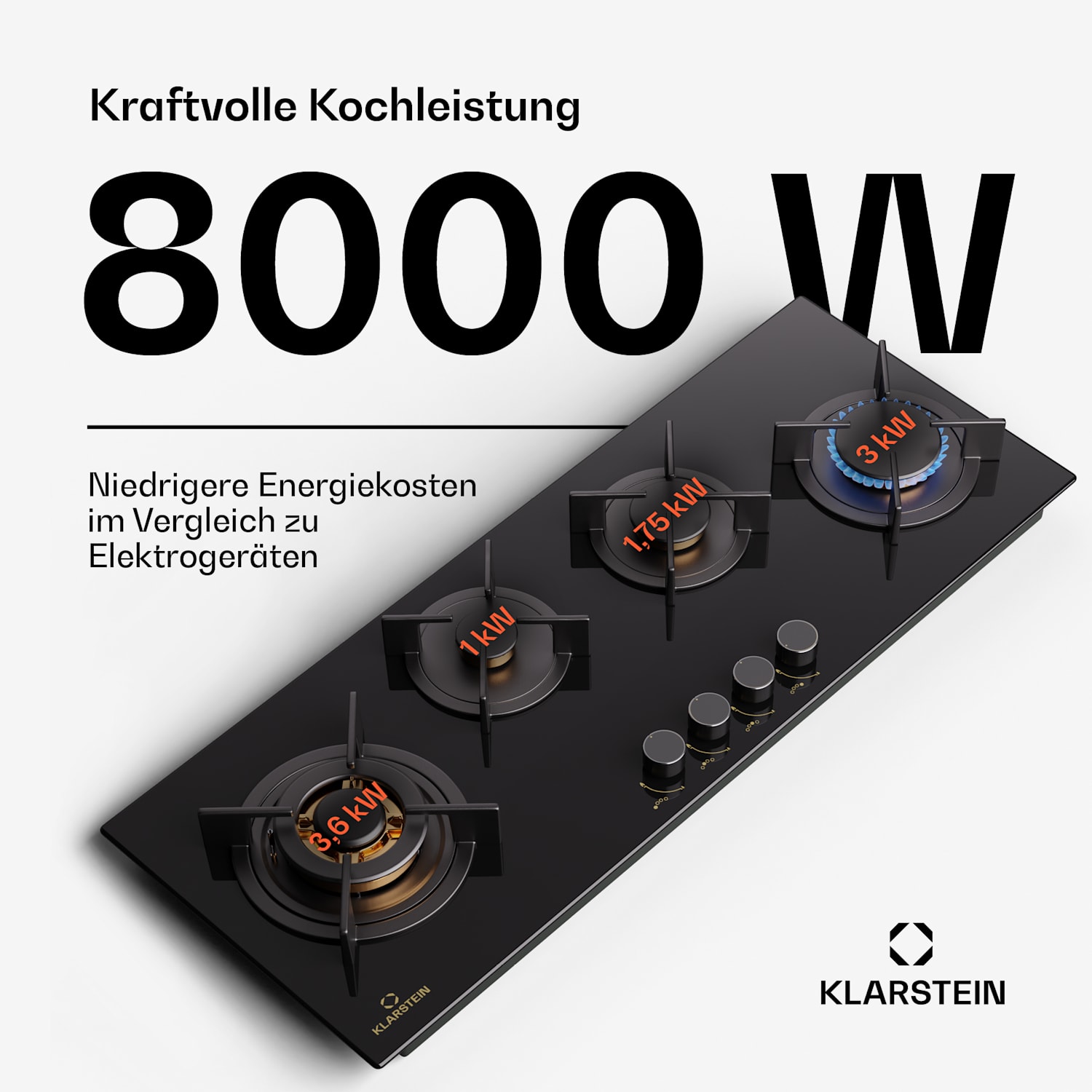  Klarstein Goldflame 4 Slim - Piano cottura a gas, 4 fuochi, acciaio inox 90 cm Slim | 4 bruciatori | Nero