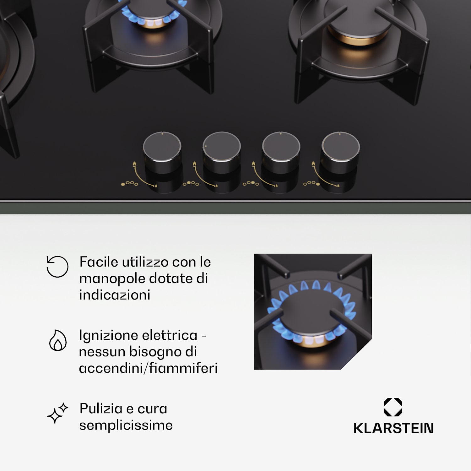  Klarstein Goldflame 4 Slim - Piano cottura a gas, 4 fuochi, acciaio inox 90 cm Slim | 4 bruciatori | Nero