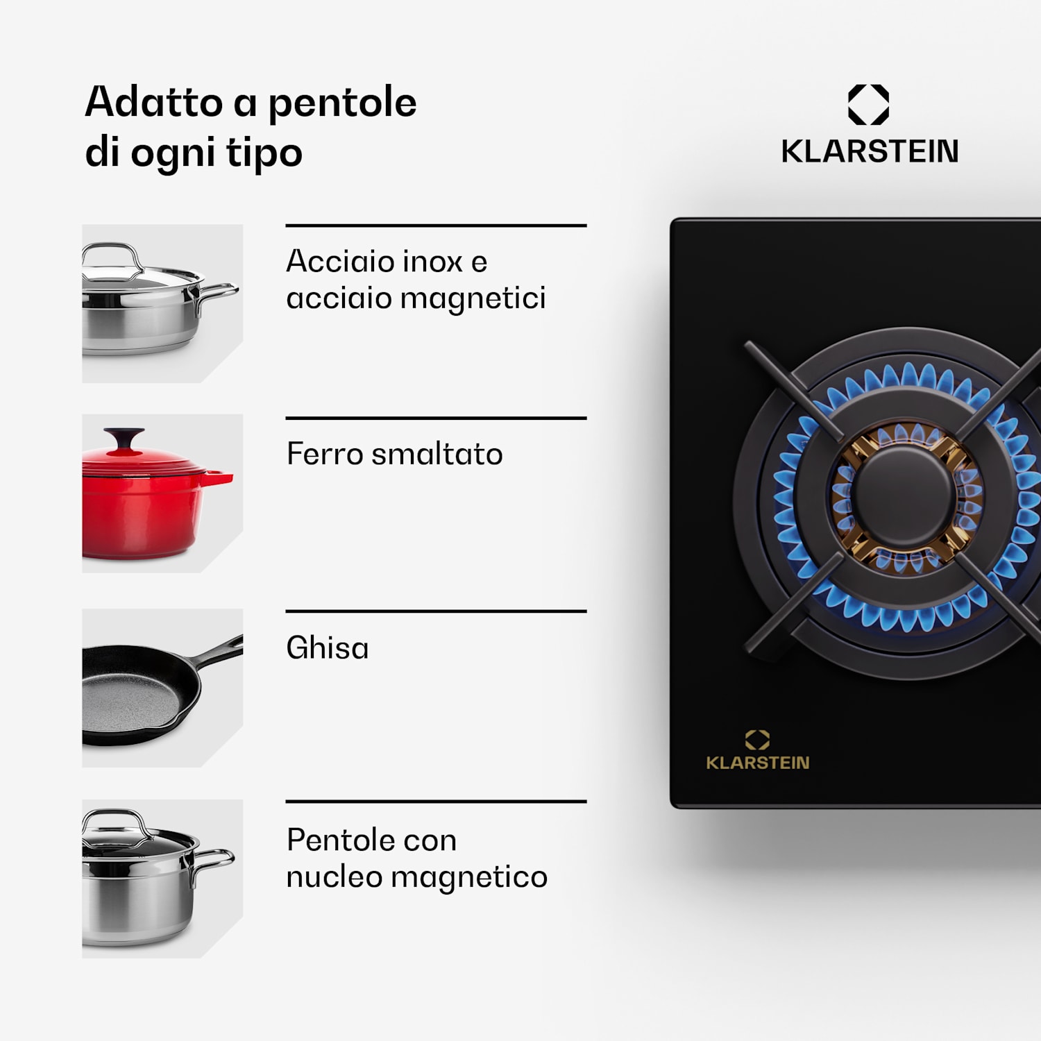  Klarstein Goldflame 4 Slim - Piano cottura a gas, 4 fuochi, acciaio inox 90 cm Slim | 4 bruciatori | Nero