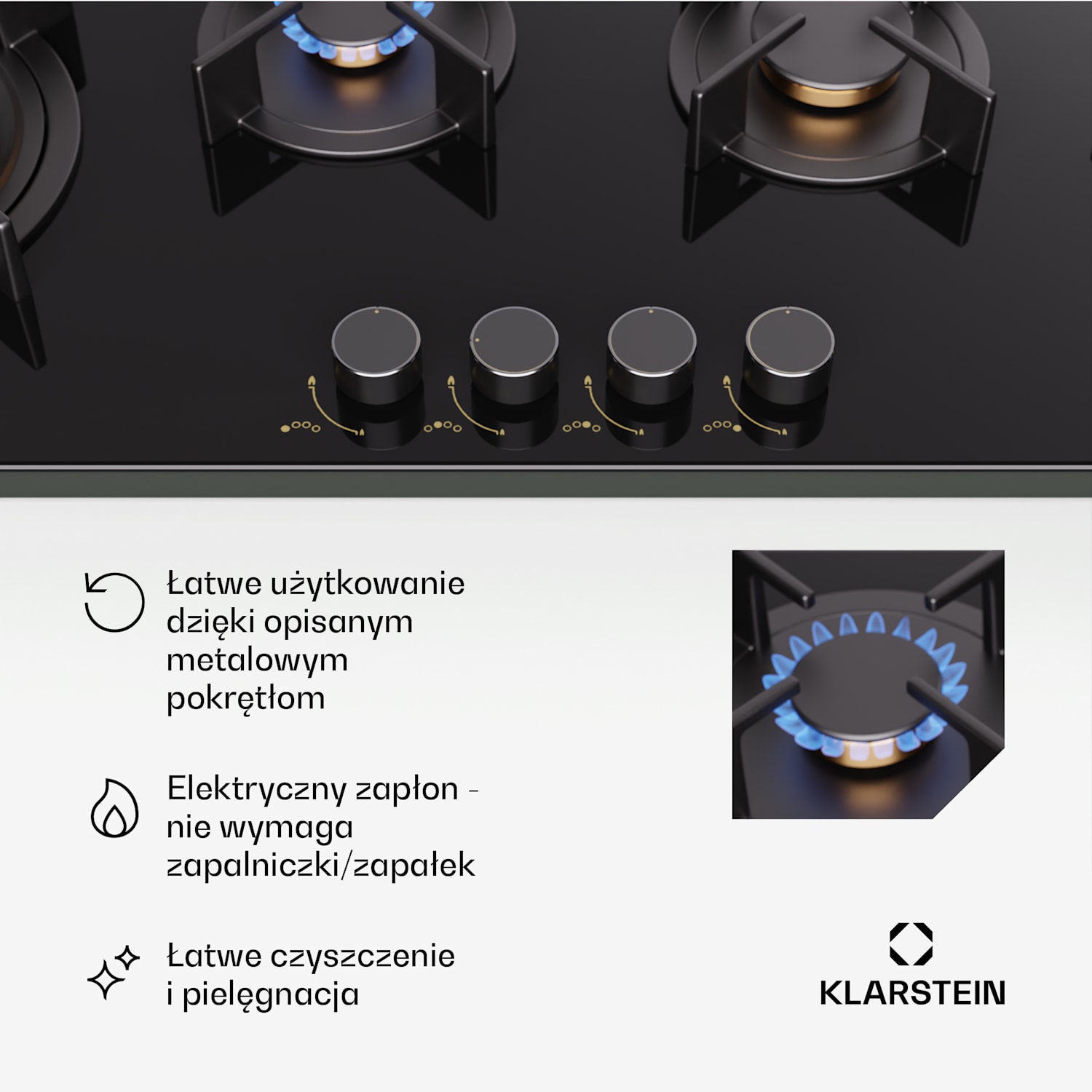 Goldflame 4 Slim, płyta gazowa, 4-palnikowa, samowystarczalna, gaz ziemny/propan, stal nierdzewna 90 cm Slim | 4 palniki | Czarny