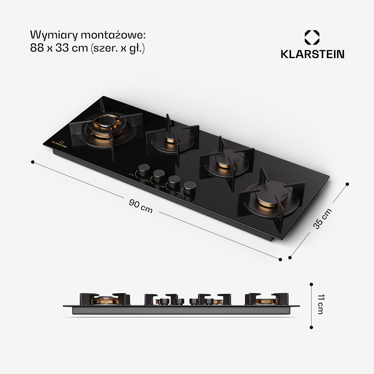 Goldflame 4 Slim, płyta gazowa, 4-palnikowa, samowystarczalna, gaz ziemny/propan, stal nierdzewna 90 cm Slim | 4 palniki | Czarny