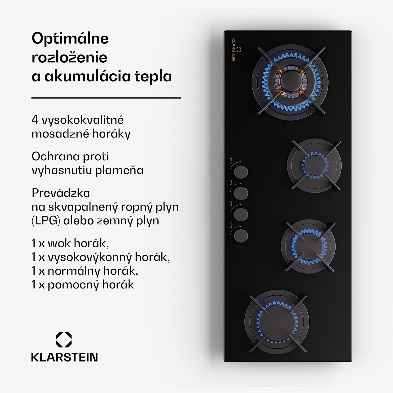 Goldflame 4 Slim, plynová varná doska, 4 horáky, sebestačná, zemný plyn/propán, nehrdzavejúca oceľ 90 cm Slim | 4 horáky | Čierna