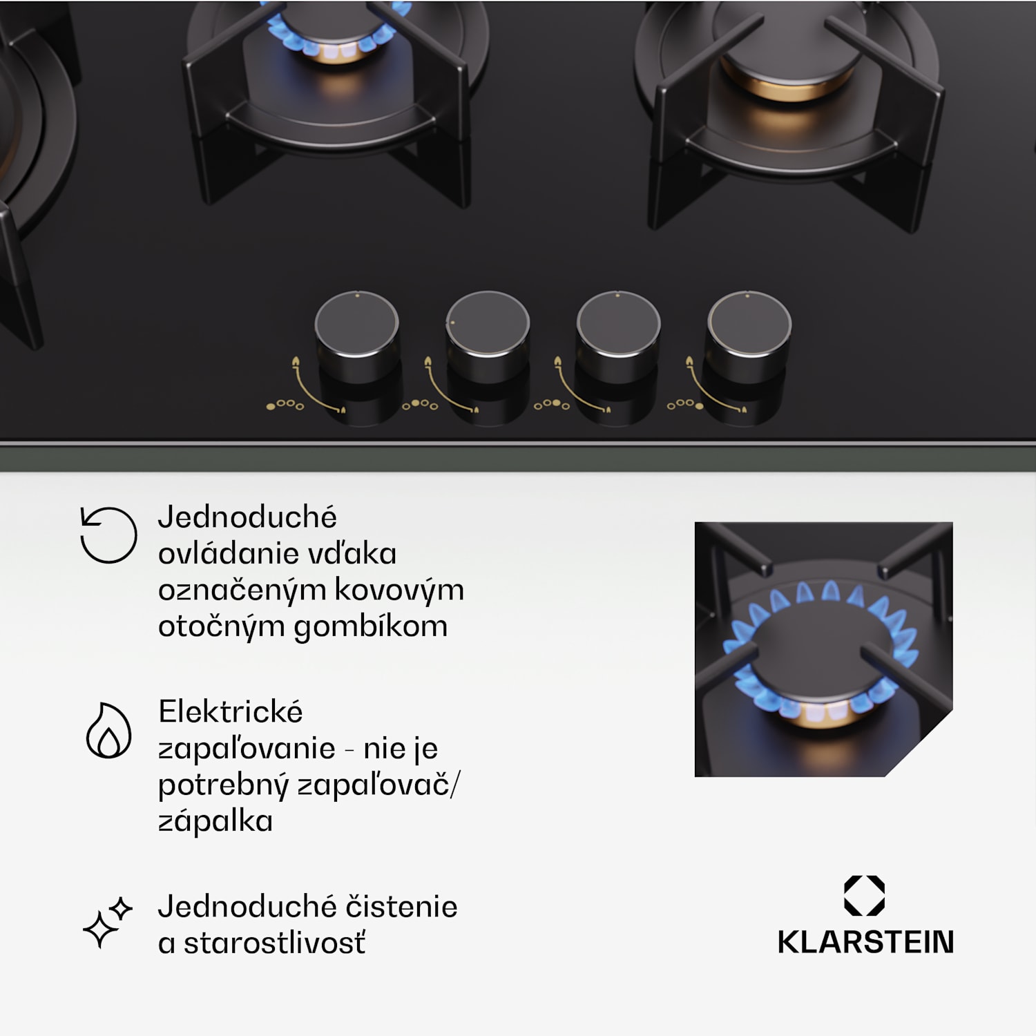 Goldflame 4 Slim, plynová varná doska, 4 horáky, sebestačná, zemný plyn/propán, nehrdzavejúca oceľ 90 cm Slim | 4 horáky | Čierna