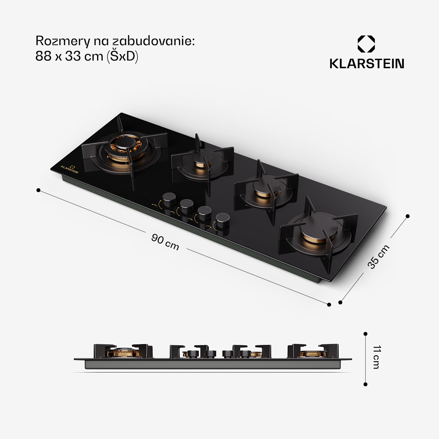 Goldflame 4 Slim, plynová varná doska, 4 horáky, sebestačná, zemný plyn/propán, nehrdzavejúca oceľ 90 cm Slim | 4 horáky | Čierna