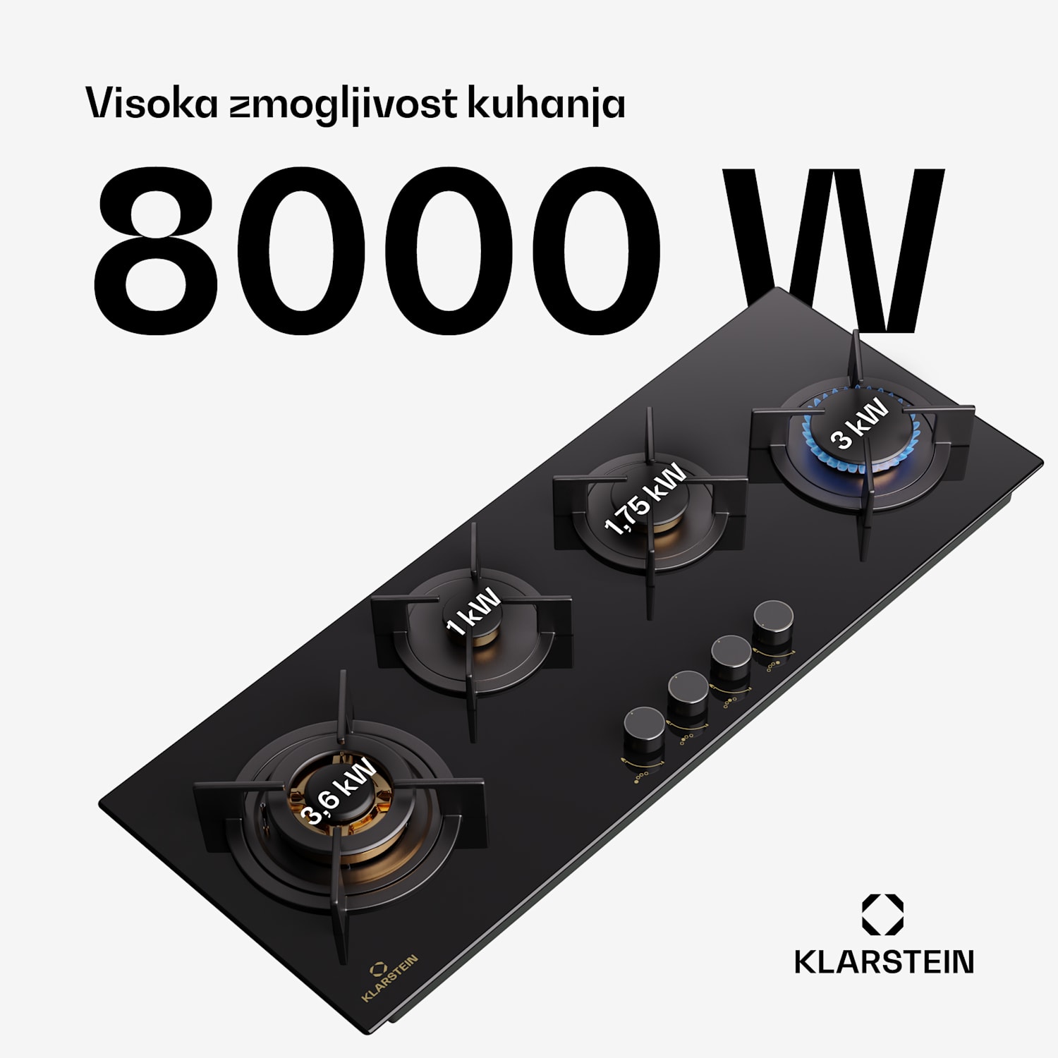 Goldflame 4 Slim, plinska kuhalna plošča, 4 gorilniki, samostojna, zemeljski plin/propan, nerjaveče jeklo 90 cm Slim | 4 gorilniki | Črna