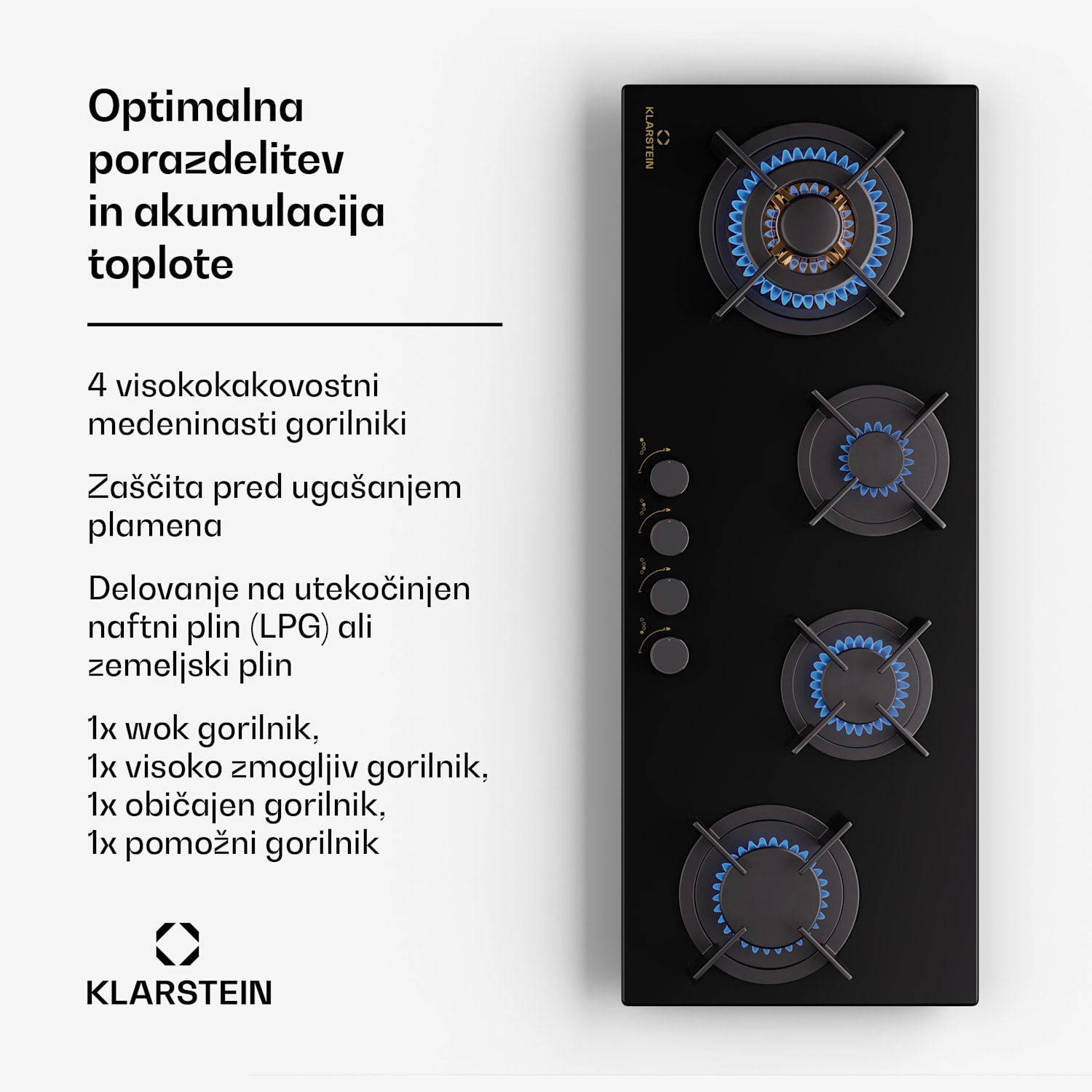 Goldflame 4 Slim, plinska kuhalna plošča, 4 gorilniki, samostojna, zemeljski plin/propan, nerjaveče jeklo 90 cm Slim | 4 gorilniki | Črna