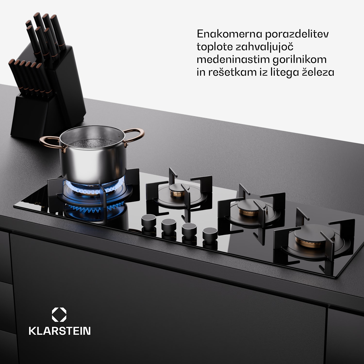 Goldflame 4 Slim, plinska kuhalna plošča, 4 gorilniki, samostojna, zemeljski plin/propan, nerjaveče jeklo 90 cm Slim | 4 gorilniki | Črna