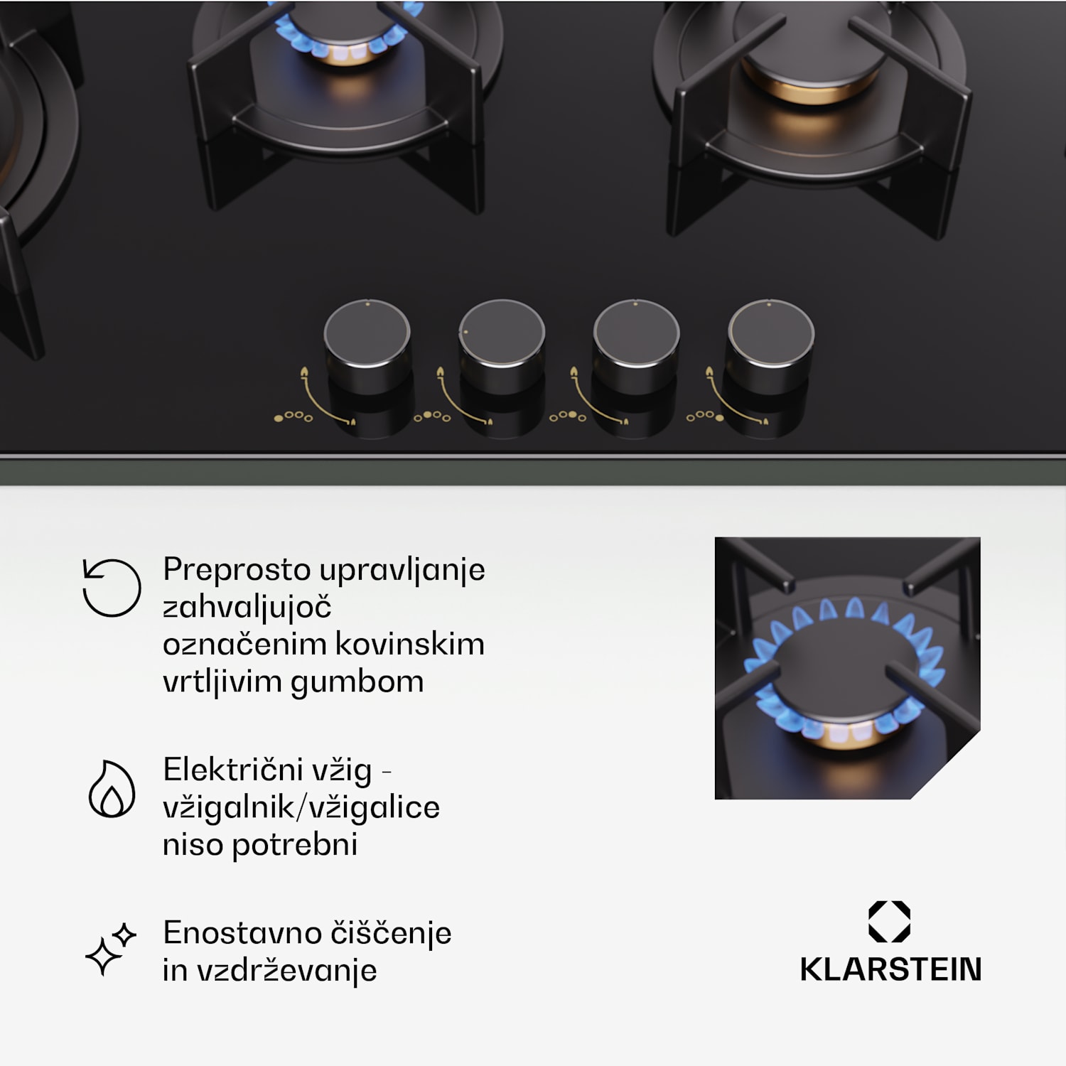 Goldflame 4 Slim, plinska kuhalna plošča, 4 gorilniki, samostojna, zemeljski plin/propan, nerjaveče jeklo 90 cm Slim | 4 gorilniki | Črna