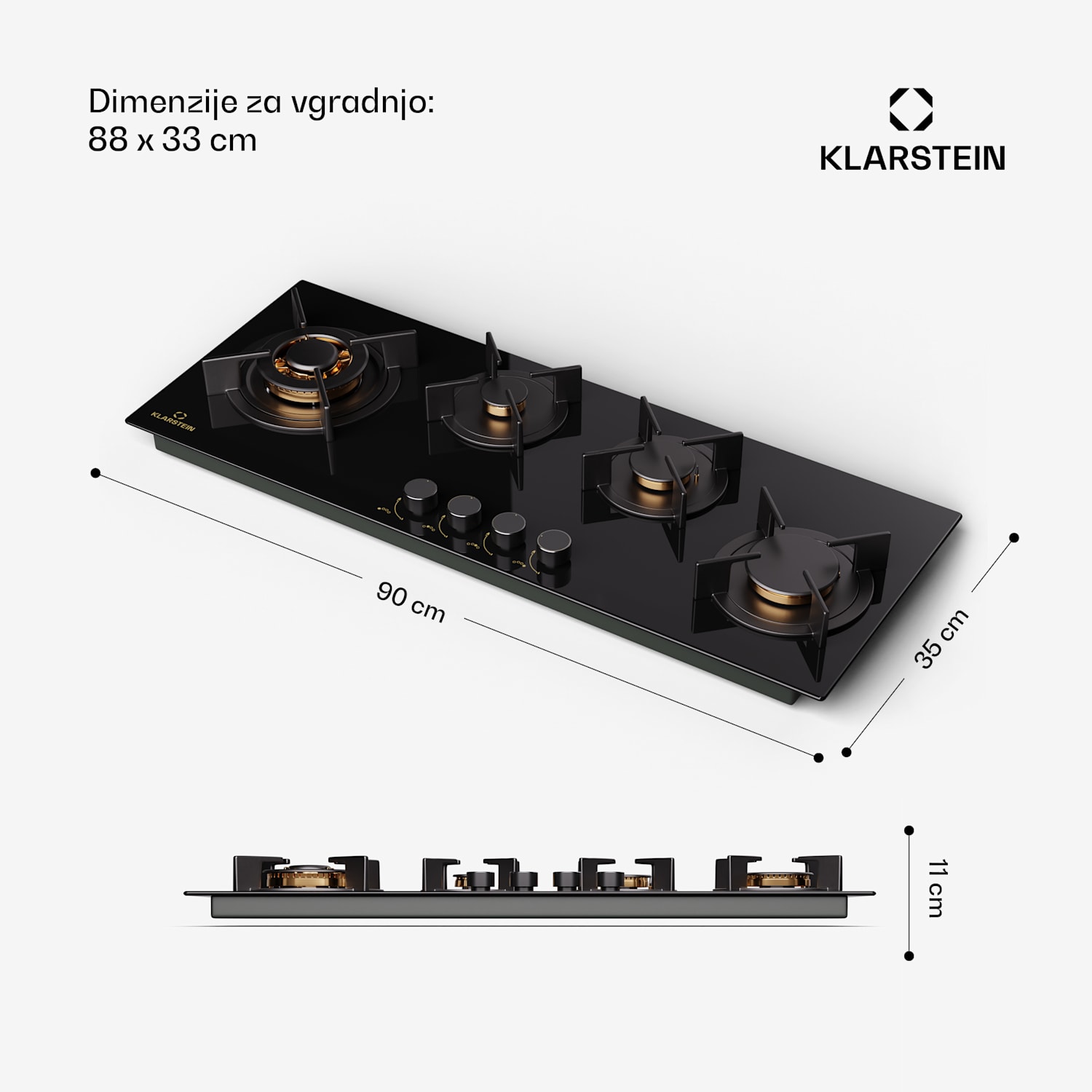 Goldflame 4 Slim, plinska kuhalna plošča, 4 gorilniki, samostojna, zemeljski plin/propan, nerjaveče jeklo 90 cm Slim | 4 gorilniki | Črna
