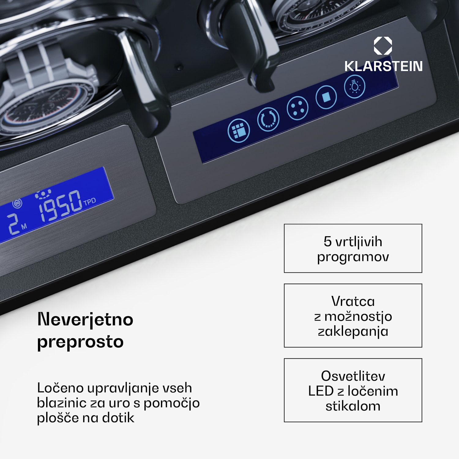 Sarthe 6, navijalnik ur, za 6 ur, 5 načinov vrtenja, LED osvetlitev, upravljanje na dotik, daljinski upravljalnik 6 watches | Črna