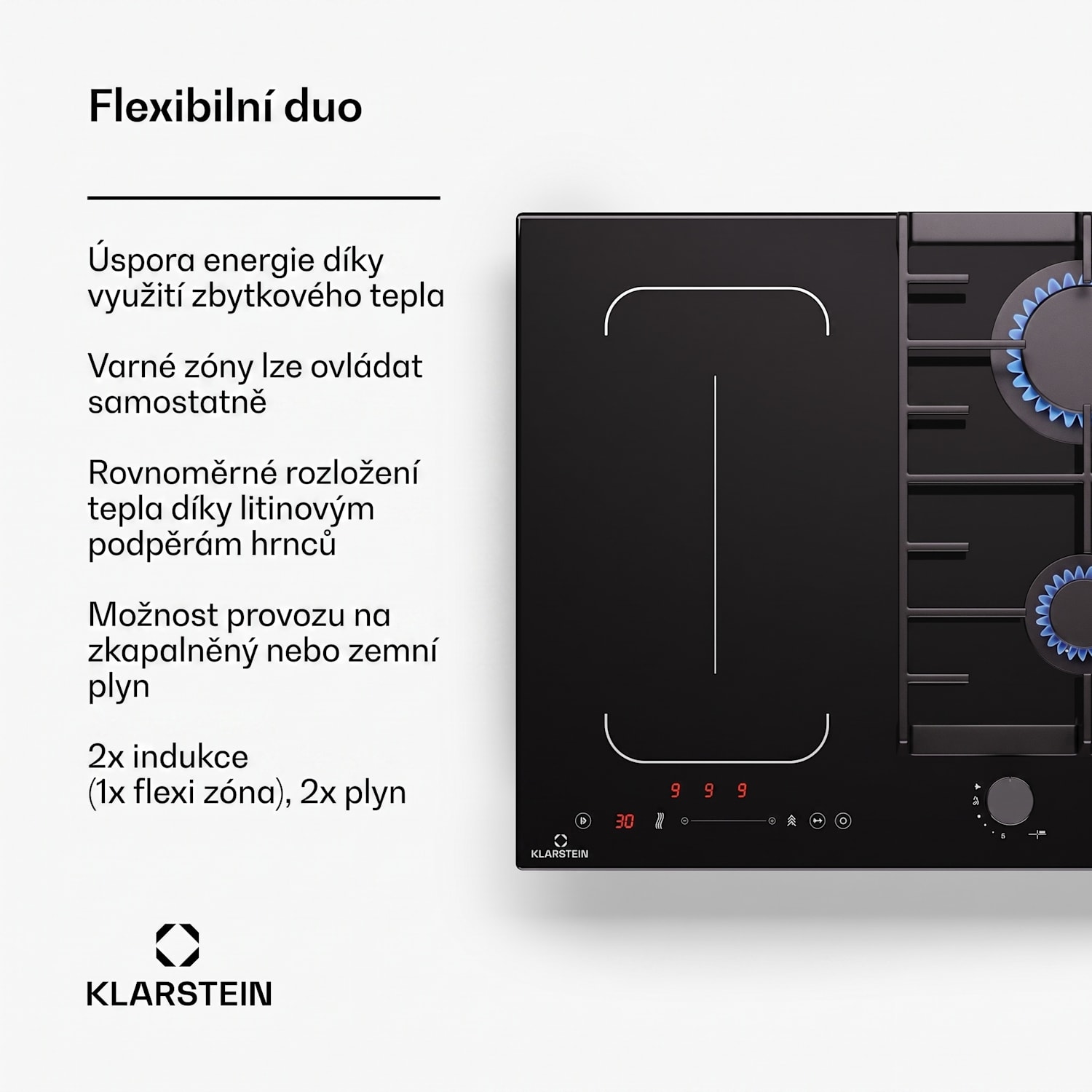 MultiChef 4, indukční a plynová varná deska, 4 varné zóny, 2 plynové hořáky, 2 indukční varné desky, FlexZone 60 cm | Plynová a indukční varná deska | Černá