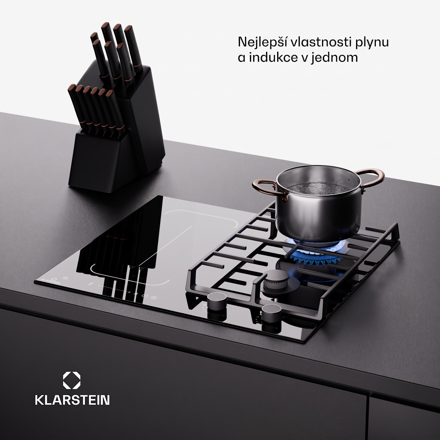 MultiChef 4, indukční a plynová varná deska, 4 varné zóny, 2 plynové hořáky, 2 indukční varné desky, FlexZone 60 cm | Plynová a indukční varná deska | Černá