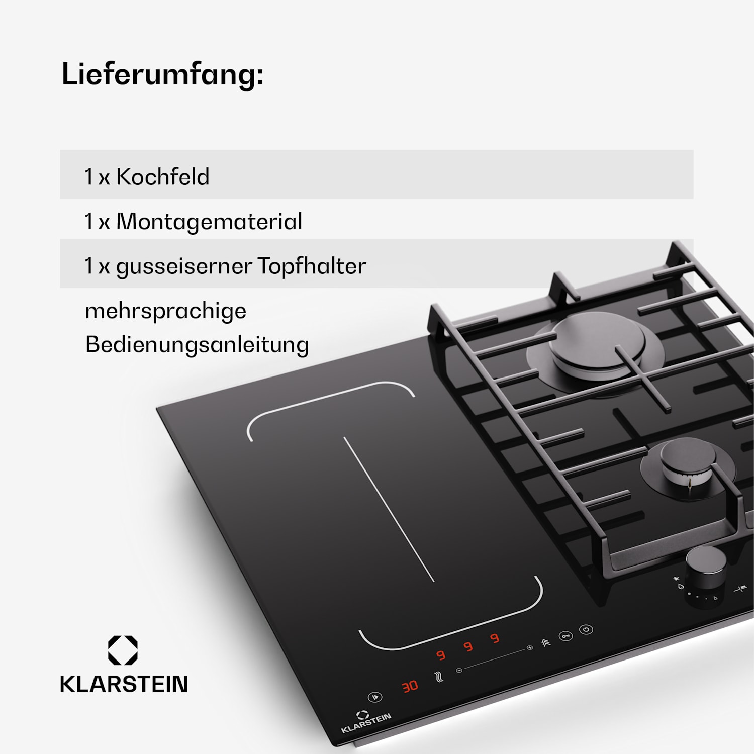 MultiChef 4 Induktions- und Gaskochfeld 4 Kochzonen 2 Gasbrenner 2 Induktionsfelder FlexZone 60 cm | Gas- & Induktionskochfeld | Schwarz